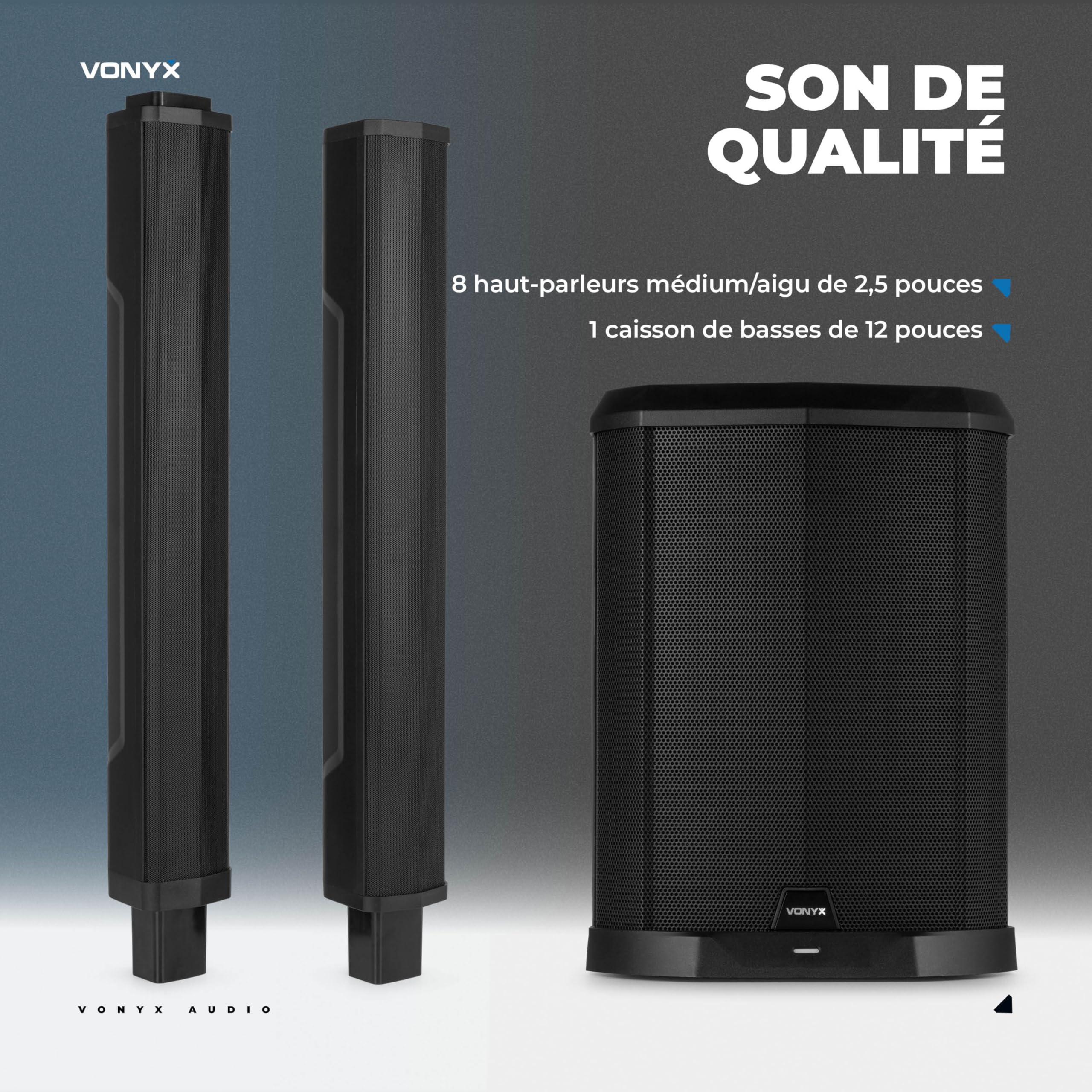 VONYX VX822 Enceinte Colonne Active 1800W avec Bluetooth et TWS, Caisson 12" et 8 Haut-Parleurs 3", DSP avec Préréglages, Entrées XLR Jack RCA, Écran LCD, Idéale pour DJ, Karaoké et Événements