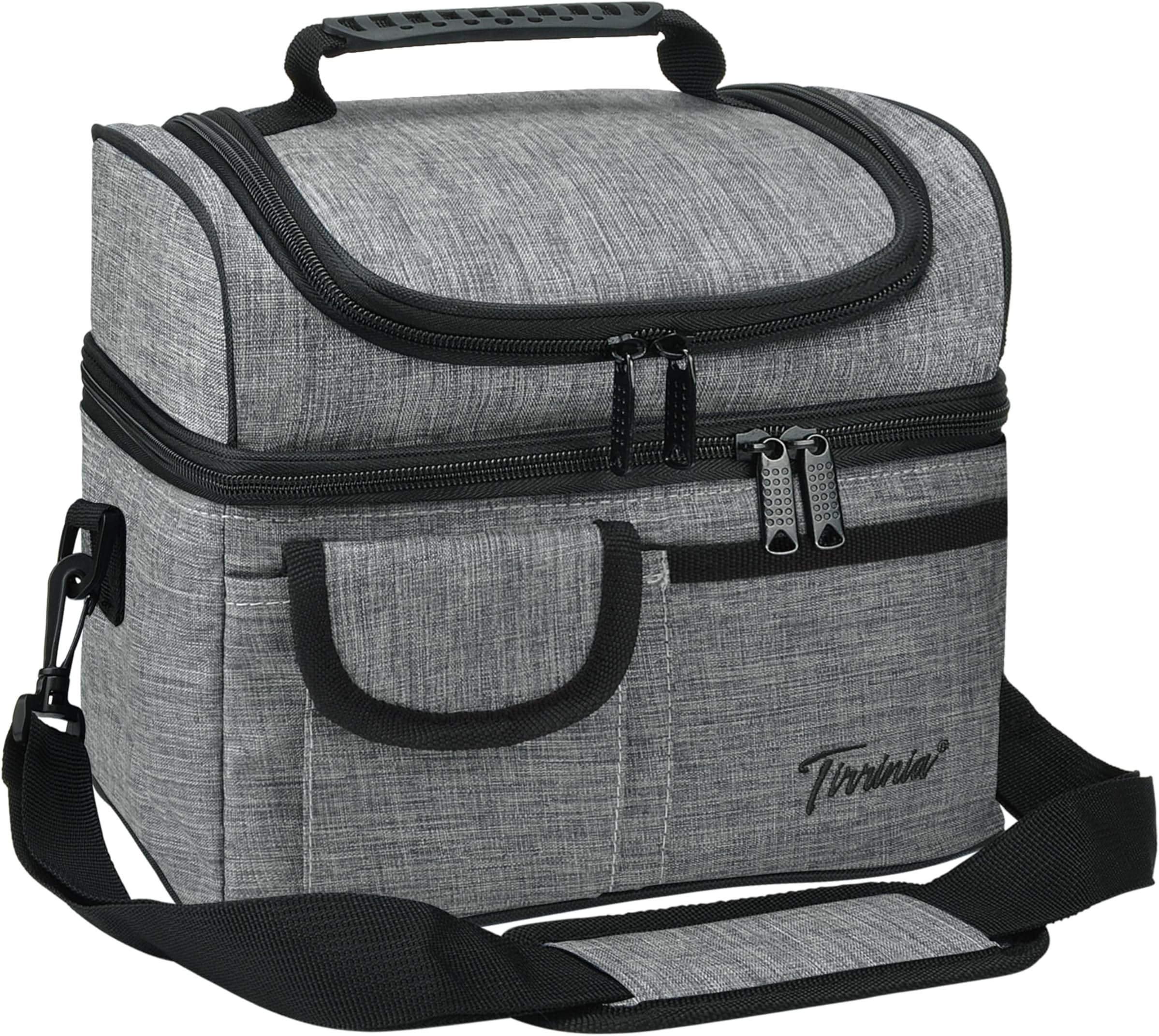 Tirrinia Reusable Lunch Box for Men Women, Insulated Lunch Bag Adult Work, Double Decker Leakproof Lunchbox for Office Picnic Beach—Dual Compartment Lunch Cooler Bag,Dark Gray