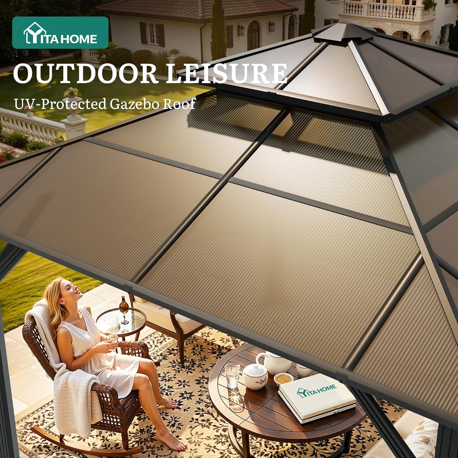 Incomplete  only sheets *YITAHOME 10X10FT Polycarbonate Gazebo Outdoor Patio Double Top Canopy Galvanized Iron Aluminum Column Garden Tent Curtains Netting for Backyards Decks Lawns,Brown Brown-PC 10X10FT