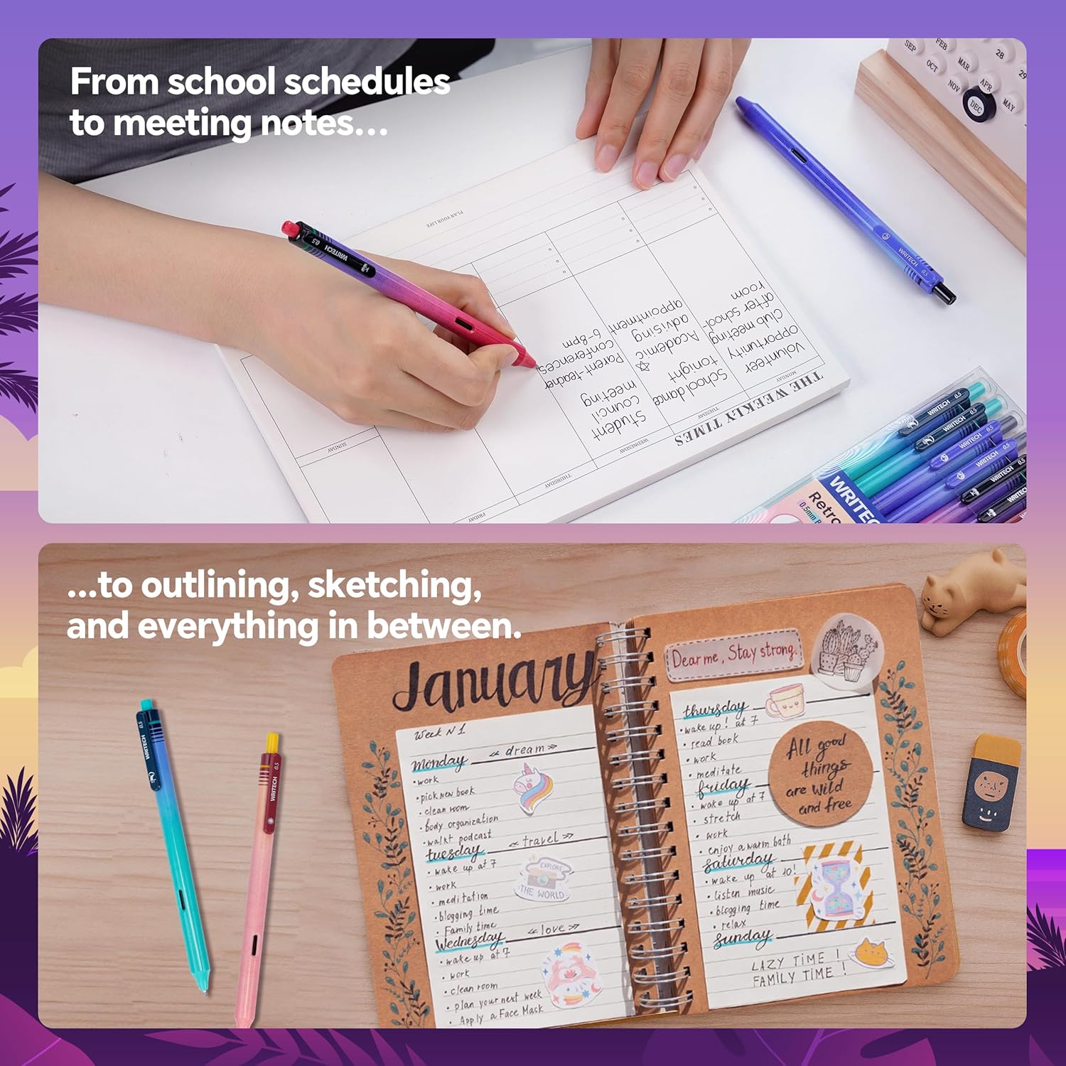 WRITECH Black Ink Gel Pens: 8-Pack Retrowave 0.5mm Fine Point Pens - Smooth Writing Silent Clicker and Refillable Perfect for School Office & Everyday Use. - Image 7