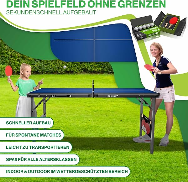 KESSER Mini tavolo da ping pong per esterni, con set di racchette da ping pong, palline da ping pong e rete T, resistente alle intemperie, laminato, pieghevole, per viaggi, design a valigia, 153 x - 5