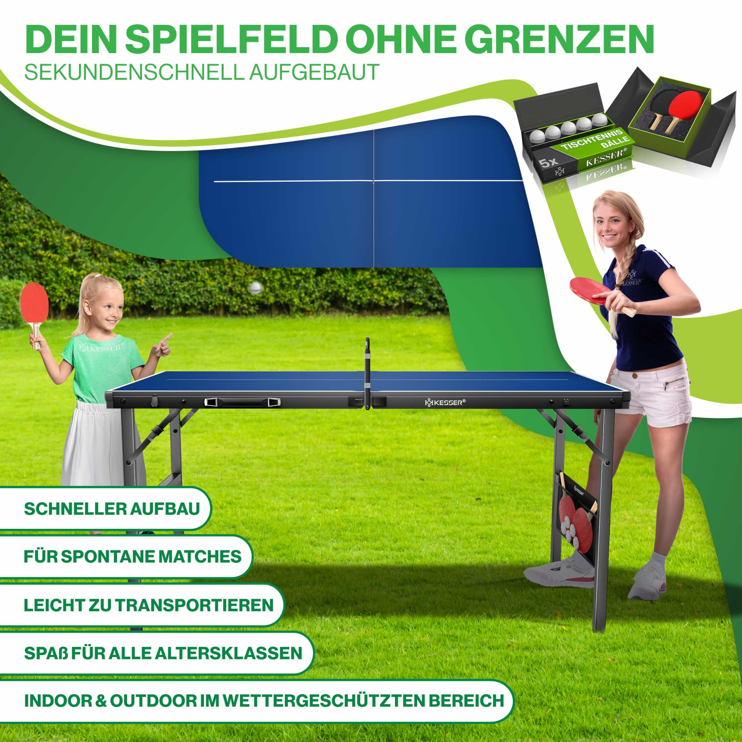 KESSER Mini tavolo da ping pong per esterni, con set di racchette da ping pong, palline da ping pong e rete T, resistente alle intemperie, laminato, pieghevole, per viaggi, design a valigia, 153 x - 5