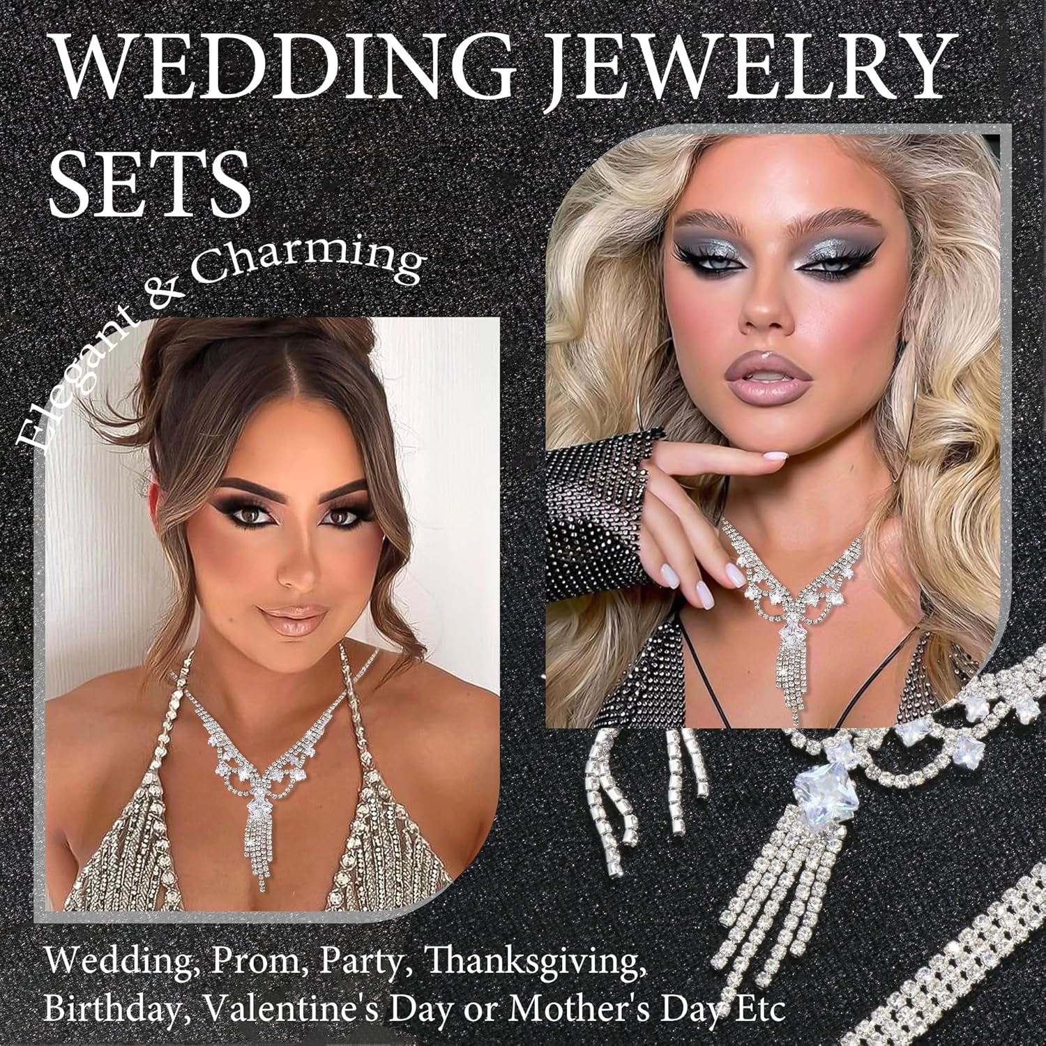 Rhinestone Jewelry Set Necklace Bracelet Earrings Set Sparkly Necklace Dangle Earrings Prom Formal Costume Jewelry Sets for Women and Brides - Image 3
