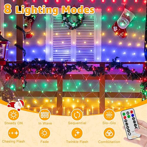 Miniatura 2 de Ollny Luces de red para exteriores, 200 luces LED de malla impermeables, 8 modos y temporizador conectables a distancia, luces de deformación de