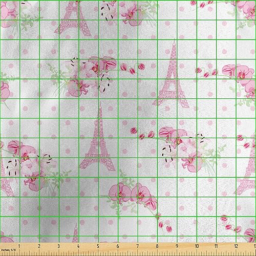 Miniatura 3 de Ambesonne Eiffel Fabric by The Yard, Spring Inspiration Pink Flowers Bouquet and Paris Landmark on Polka Dots, Decorative Satin Fabric for Home