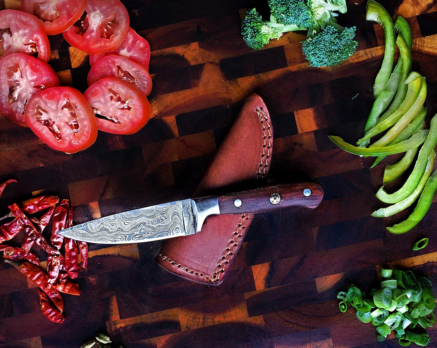 Titan International Knives 8" Damascus Steel Chef Knife| Handmade Sharp Cooking Kitchen Paring Knife | Handmade 1095 4340 Carbon Mix Hand Pounded | Walnut Wood Handle with Leather Sheath