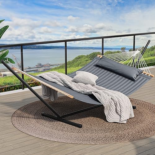 YITAHOME Hammock with Stand Included Hammock Heavy Duty Hammocks with 12FT Steel Stand Waterproof Portable Freestanding Hammock with Pillow 450lbs for Outdoors,Backyard, Patio-Gray