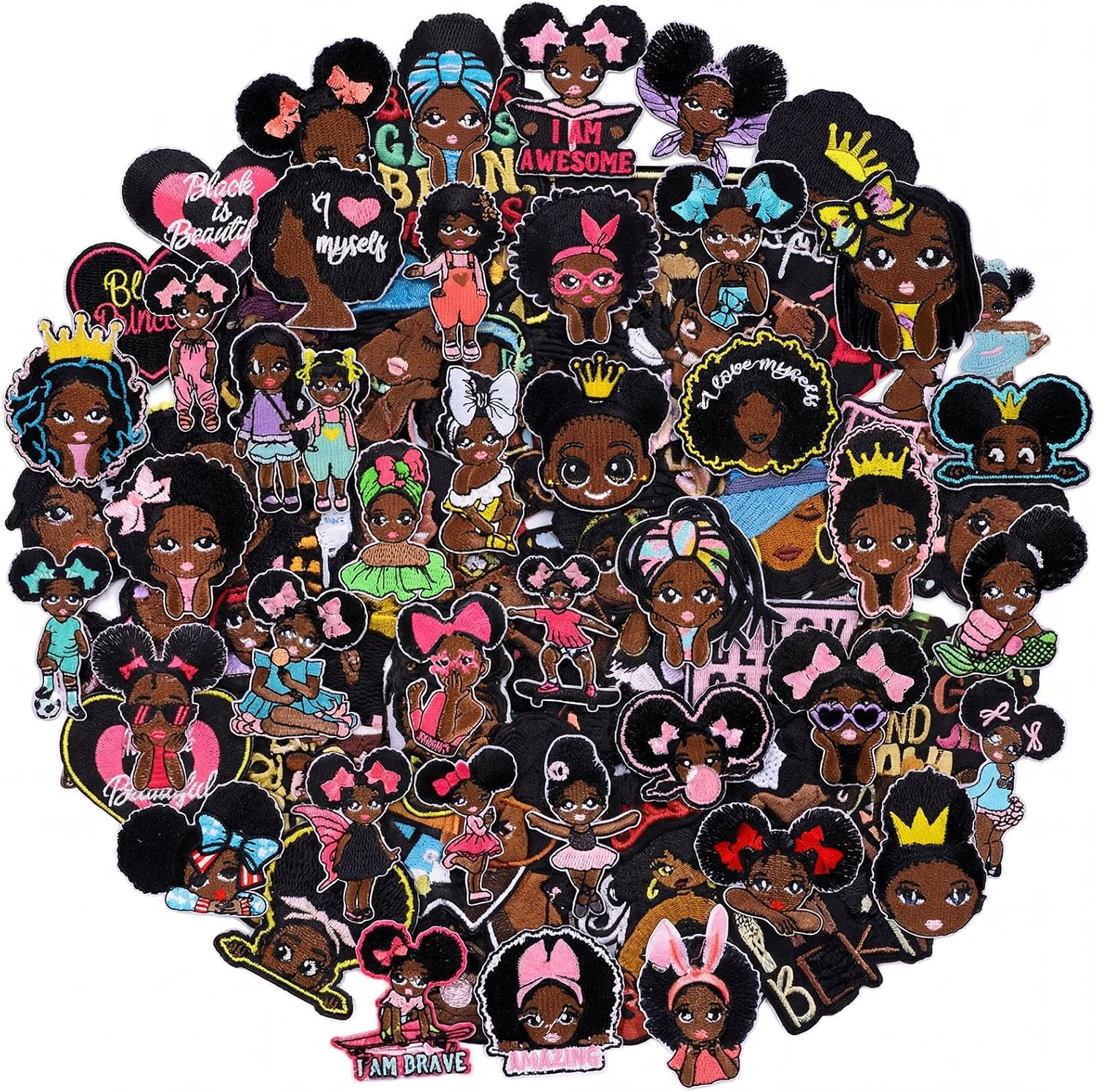 Tigeen 48 Pcs Black Girl Iron on Patches Afro Girl Embroidered Applique Sew on Patches Repair Stickers Clothing Accessories for Clothes Jackets Hat Jeans DIY Craft for Backpack Decoration