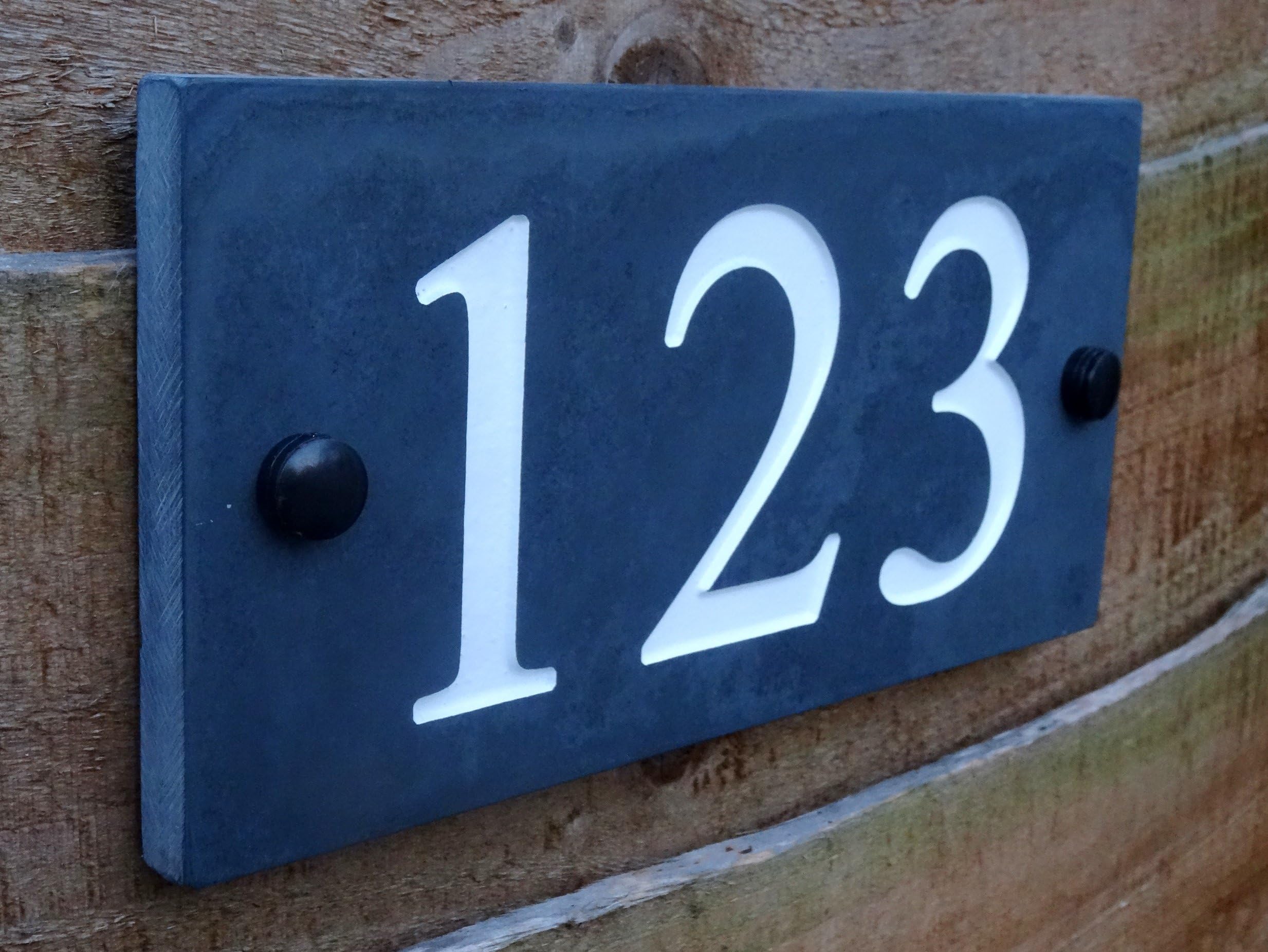 Natural Honed Slate Deep Engraved House Door Gate Number Sign Plaque 1-9999 (10 x 20cm up to 3 digits only, White)