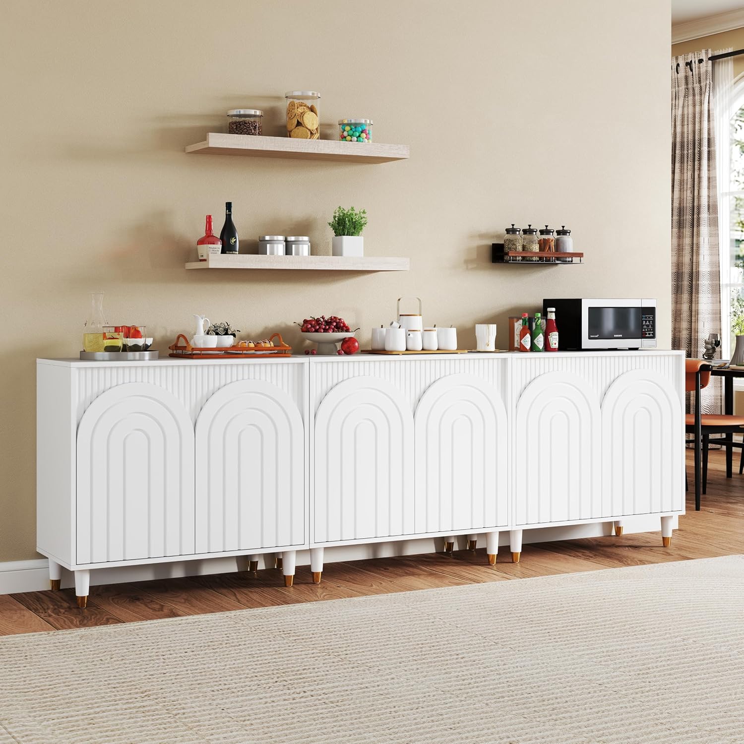 White 6 Doors Buffet Cabinet: 94" Fluted Sideboards and Buffets with Storage, Modern Wood Accent Cabinet with Storage, Small Storages Cabinets for Living Room (3, White)