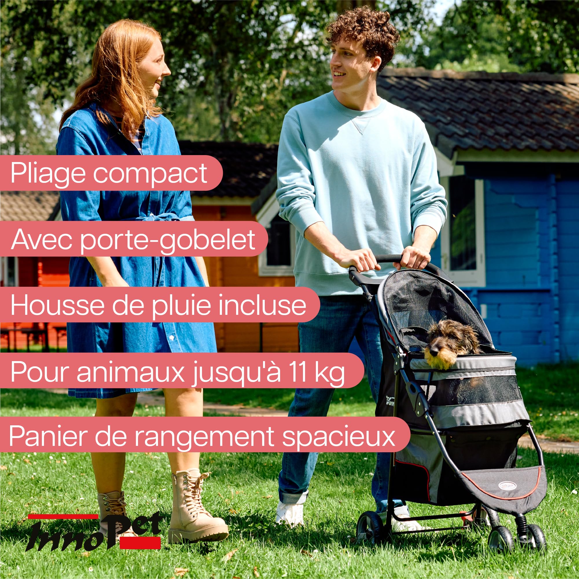 Poussette Innopet Avenue Gris pour chiens et chats - Housse de pluie incluse - Poussette légère pour animaux, poussette pliable à 3 roues avec sangles de sécurité et panier de rangement