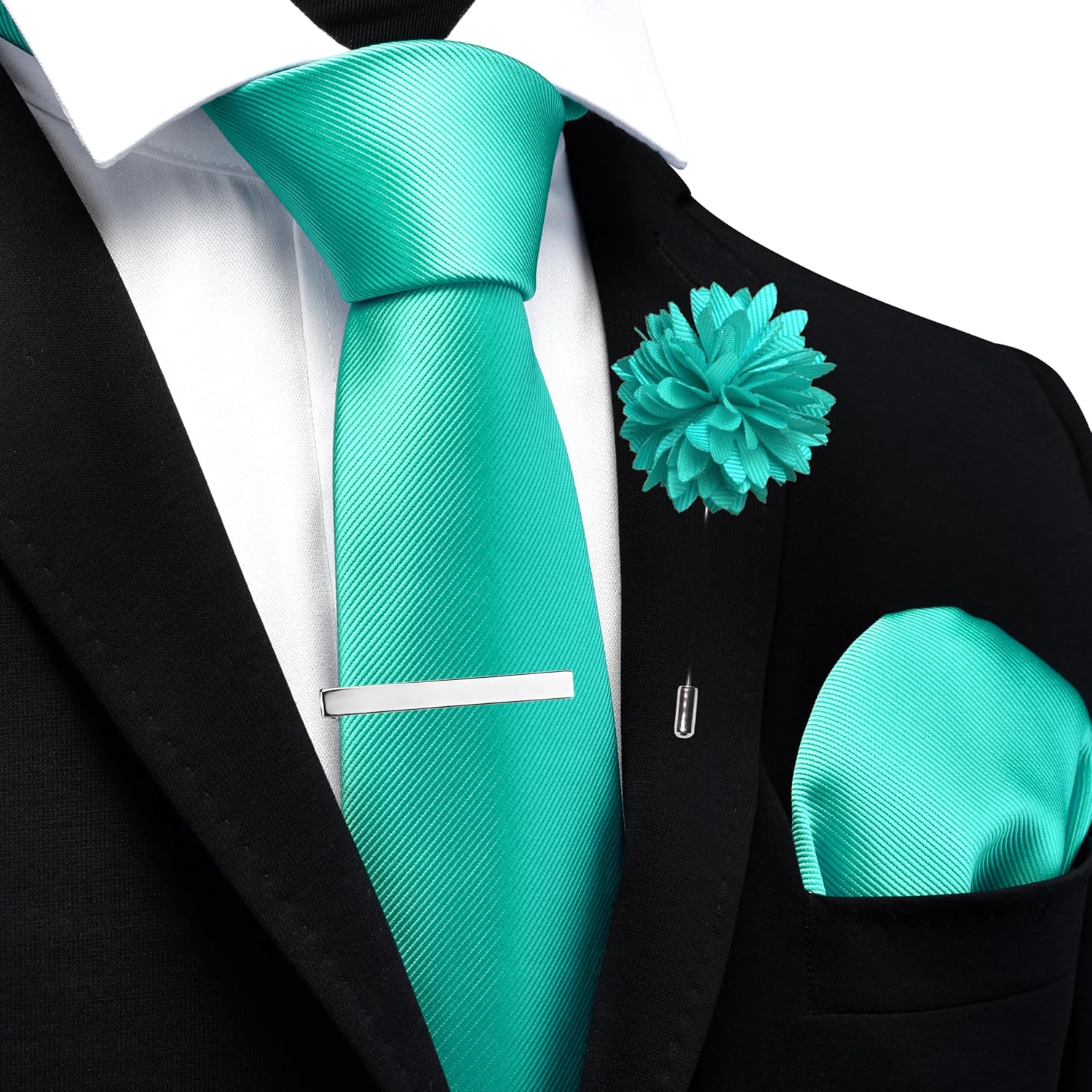 Branduce 3.15"(8cm) Solid Formal Tie and Pocket Square Plain Necktie Lapel Pin and Tie Clip Set for Men - Image 2