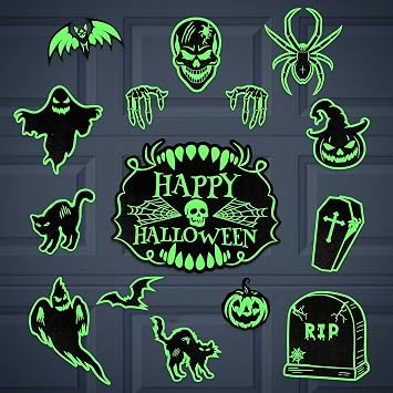 90shine Halloween Garage Door Decorations Magnets Magnetic Glow-in-The-Dark Bats Tombstone Ghost Pumpkin Happy Holiday, Luminous Refrigerator Cruise Decor, 15Pcs