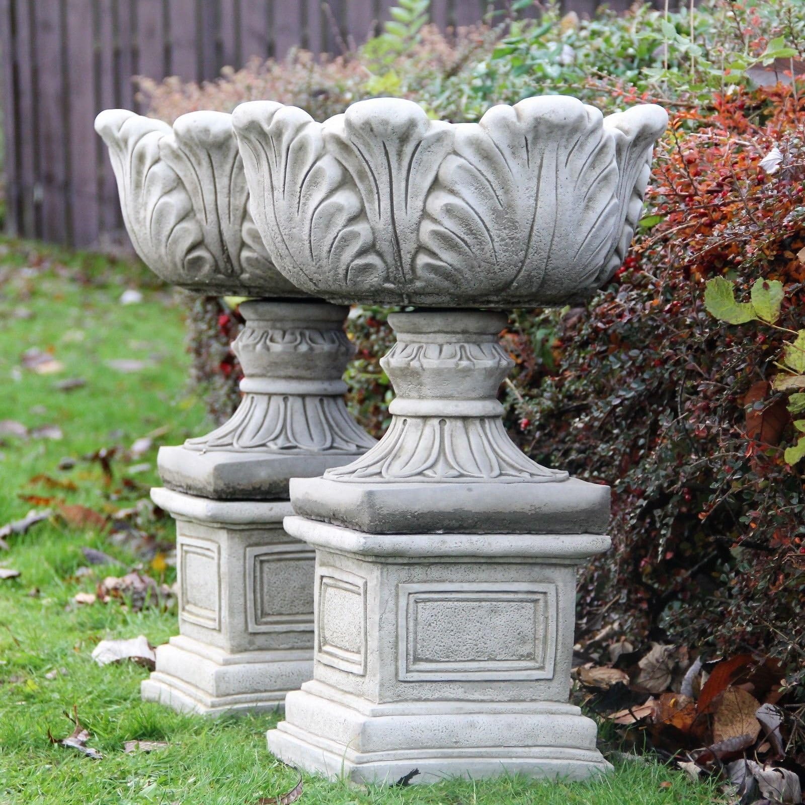 Large 2 Tulip Vases On Plinths Flower Pots Planters Stone Garden Ornament Decor
