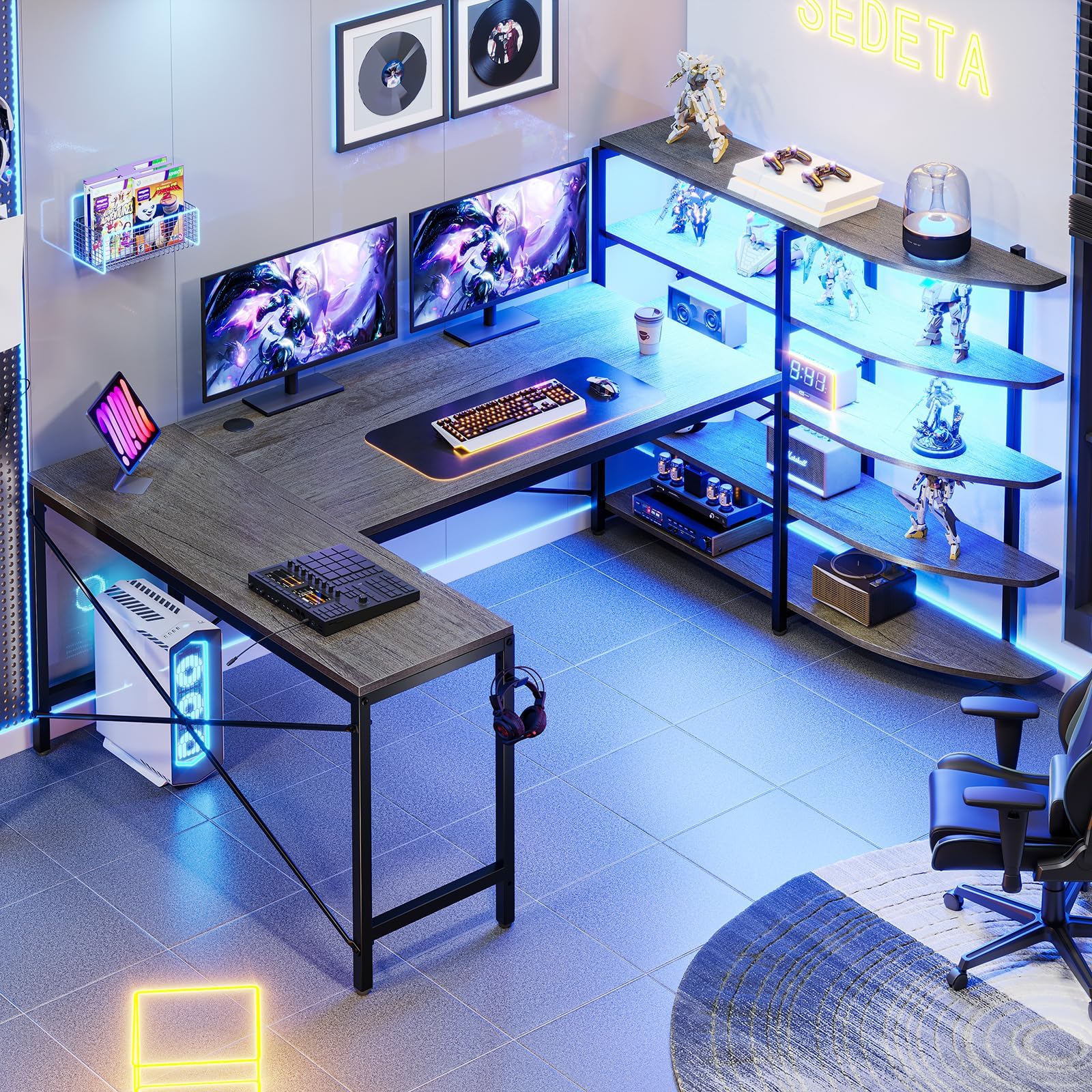 SEDETA L Shaped Gaming Desk, 62.6'' Corner Computer Desk with Storage Shelves, U Shaped Gaming Desk with LED Lights, Headphone Hook for Home Office, Grey