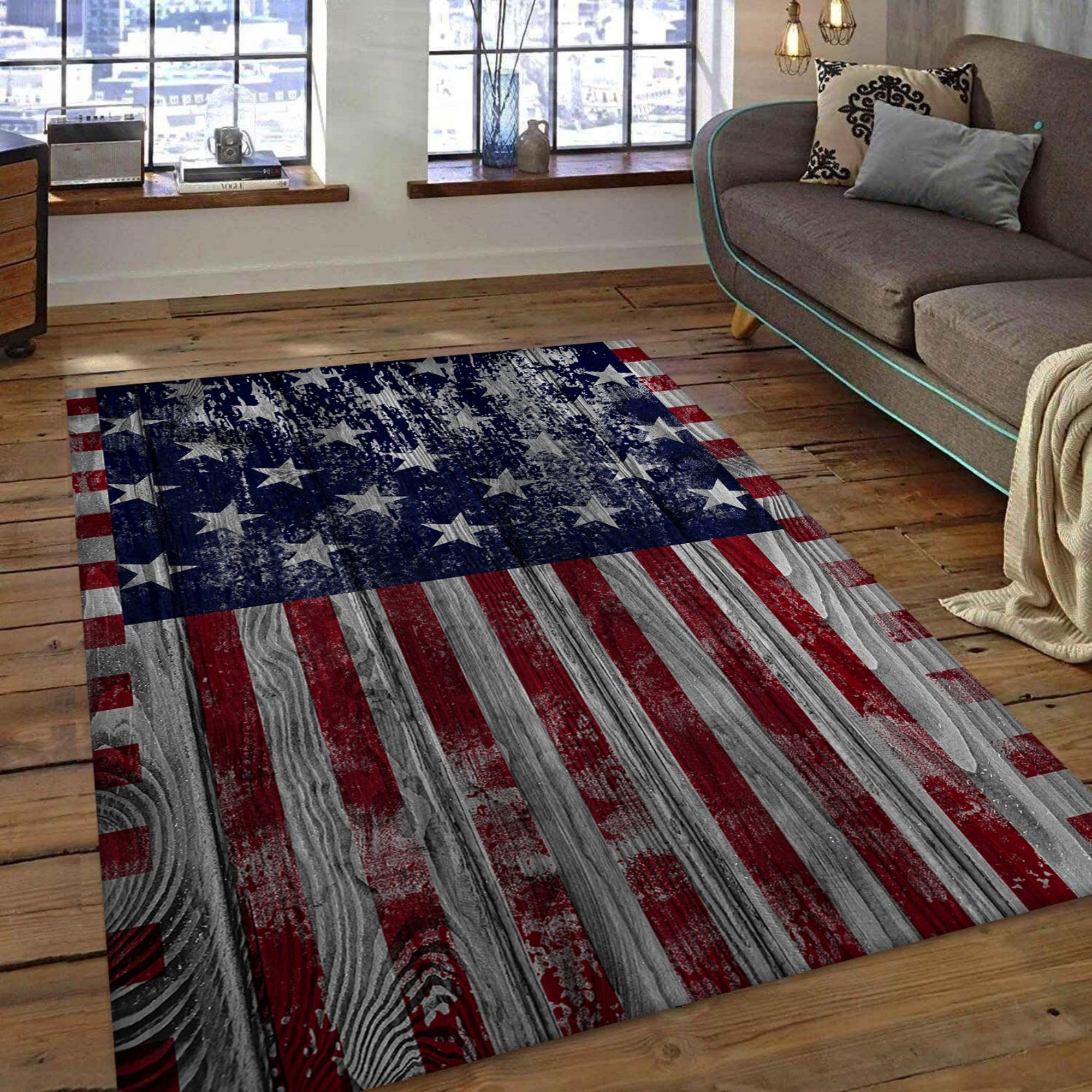 Fouiunler Retro American Flag Rug Independence Day Rug Blue White Star Stripe USA Flag Rug 4x5ft Washable Area Rugs for Living Room Bedroom Nursery