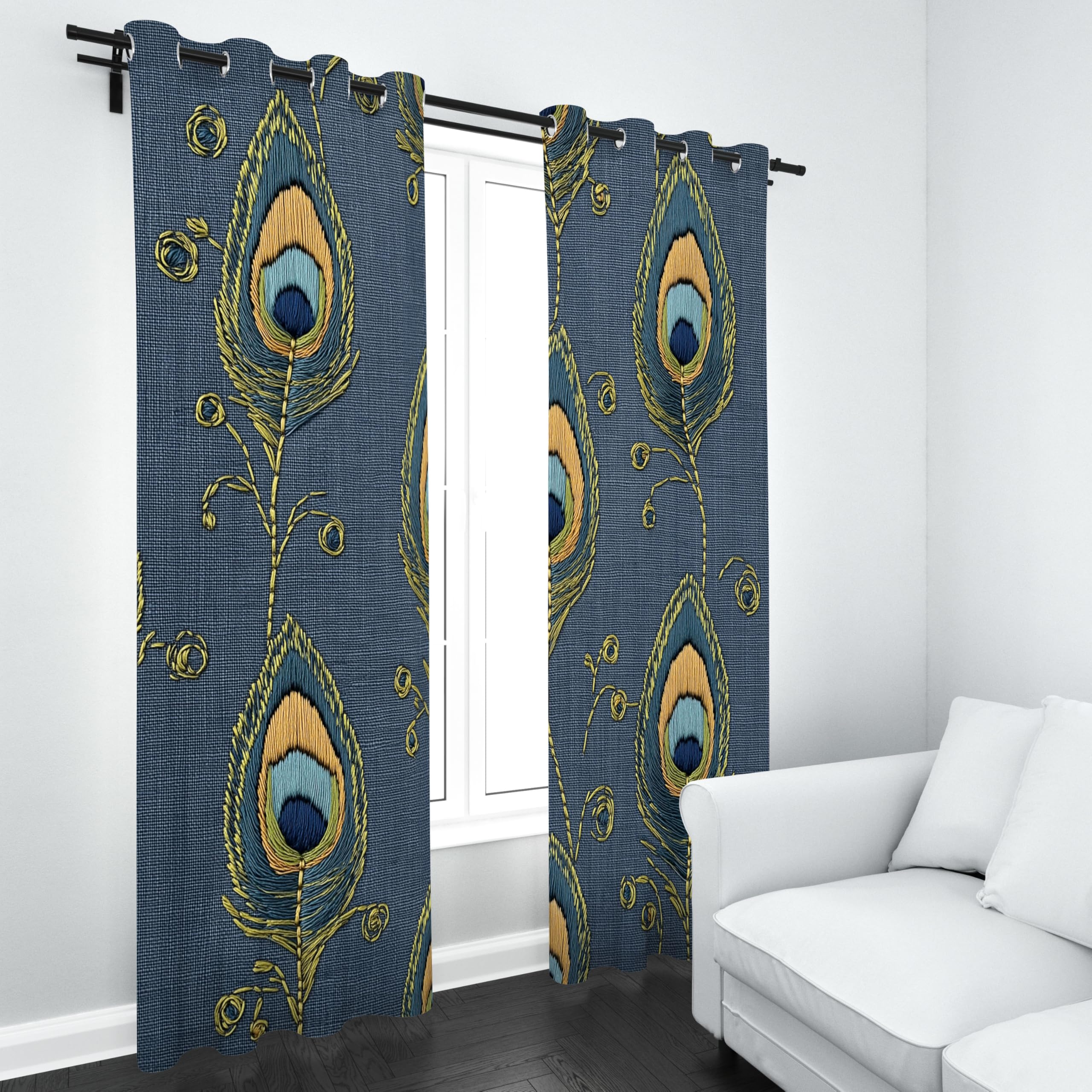 Simulation Stickerei Thermovorhang 225x140 cm, Pfau Feder Gardinen 2er Set mit Ösen, Luxus Elegant Art Verdunklungsvorhänge Schlafzimmer Blickdicht Curtains Wohnzimmer Fensterdekoration