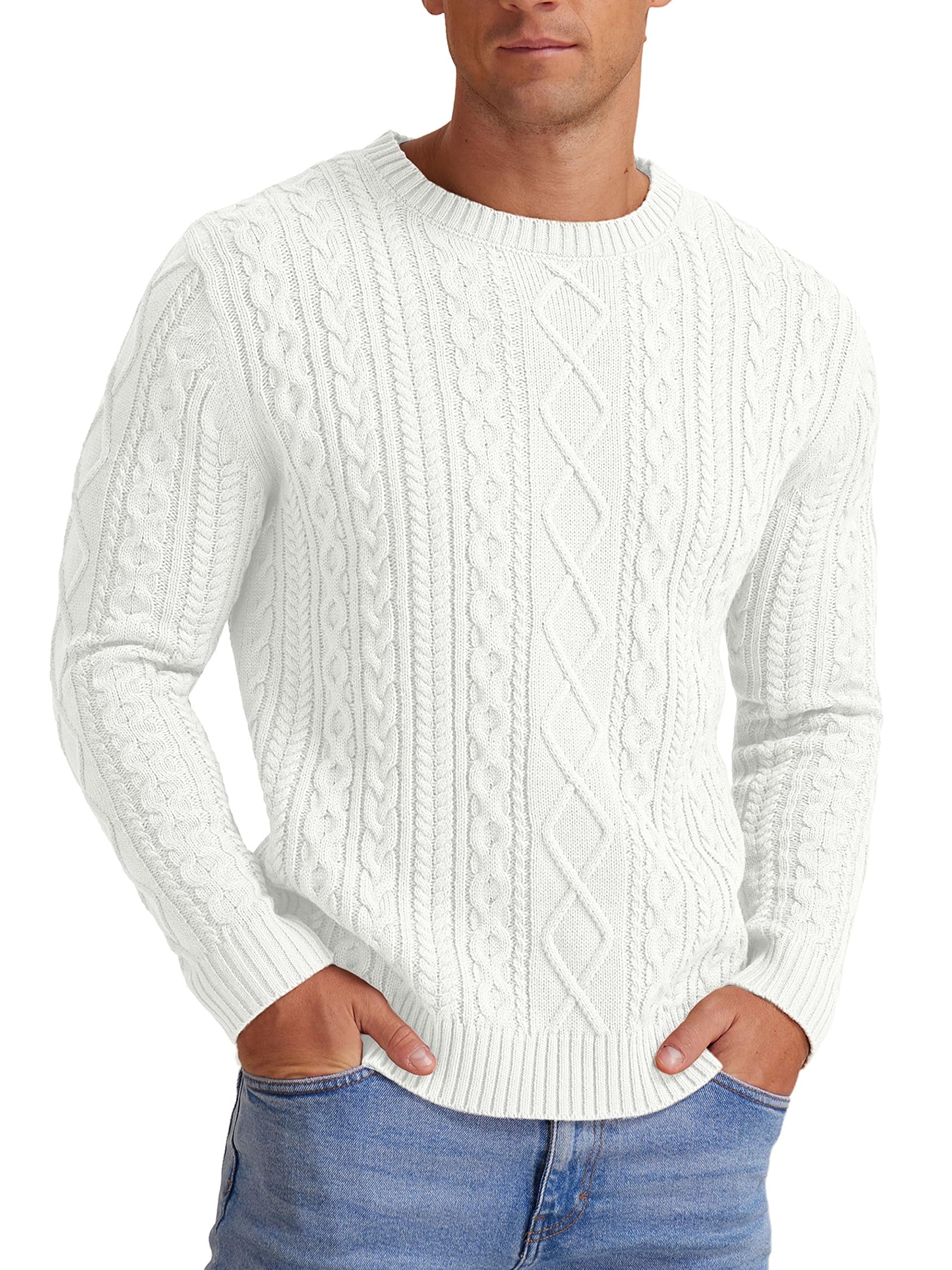 Hisir Men's Cable Knit Jumpers Winter Casual Crew Neck Thick Warm Long Sleeve Sweater Pullover Tops for Men UK