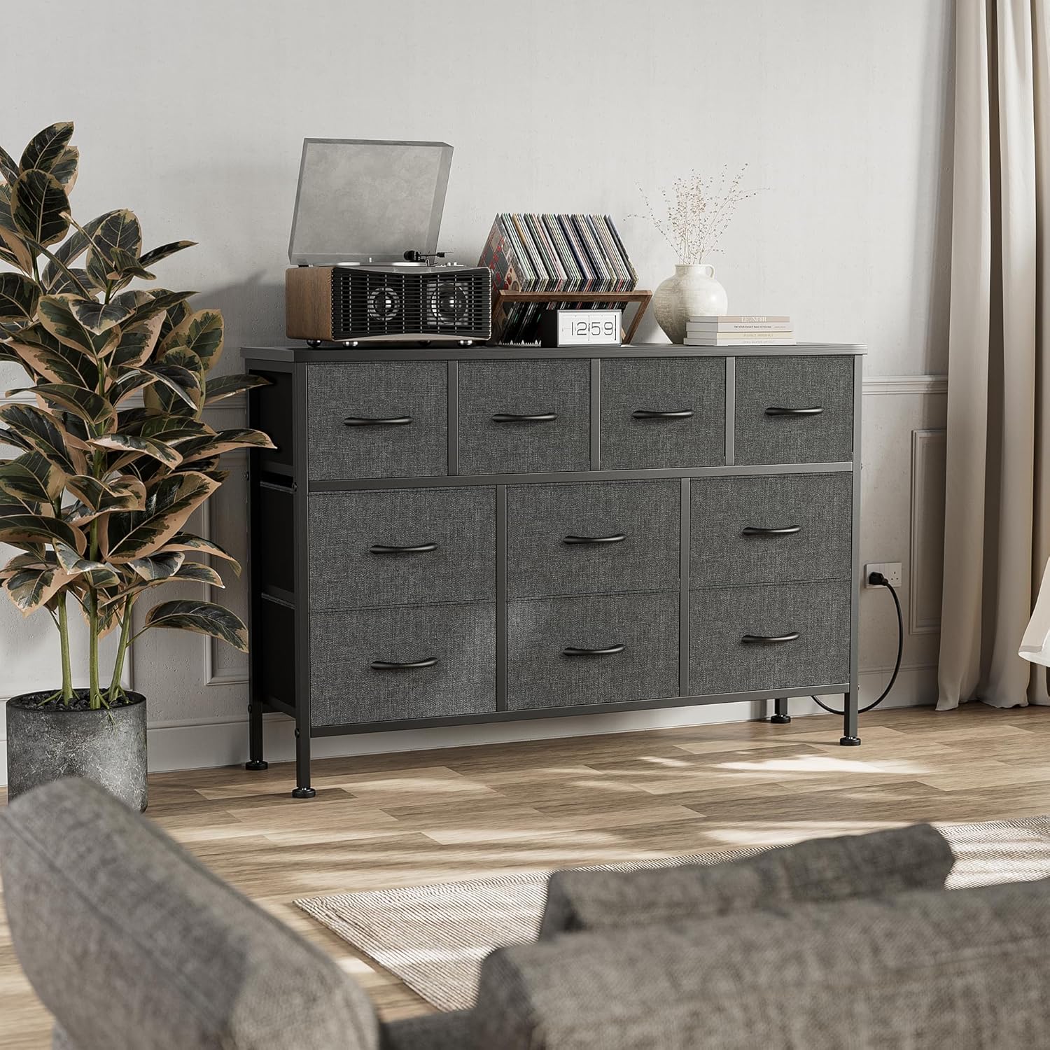 Lulive Dresser for Bedroom 10 Drawer Bedroom TV Stand with Power Outlet, Entertainment Center Chest of Drawers, Long Fabric Dresser for Living Room Save Space Grey