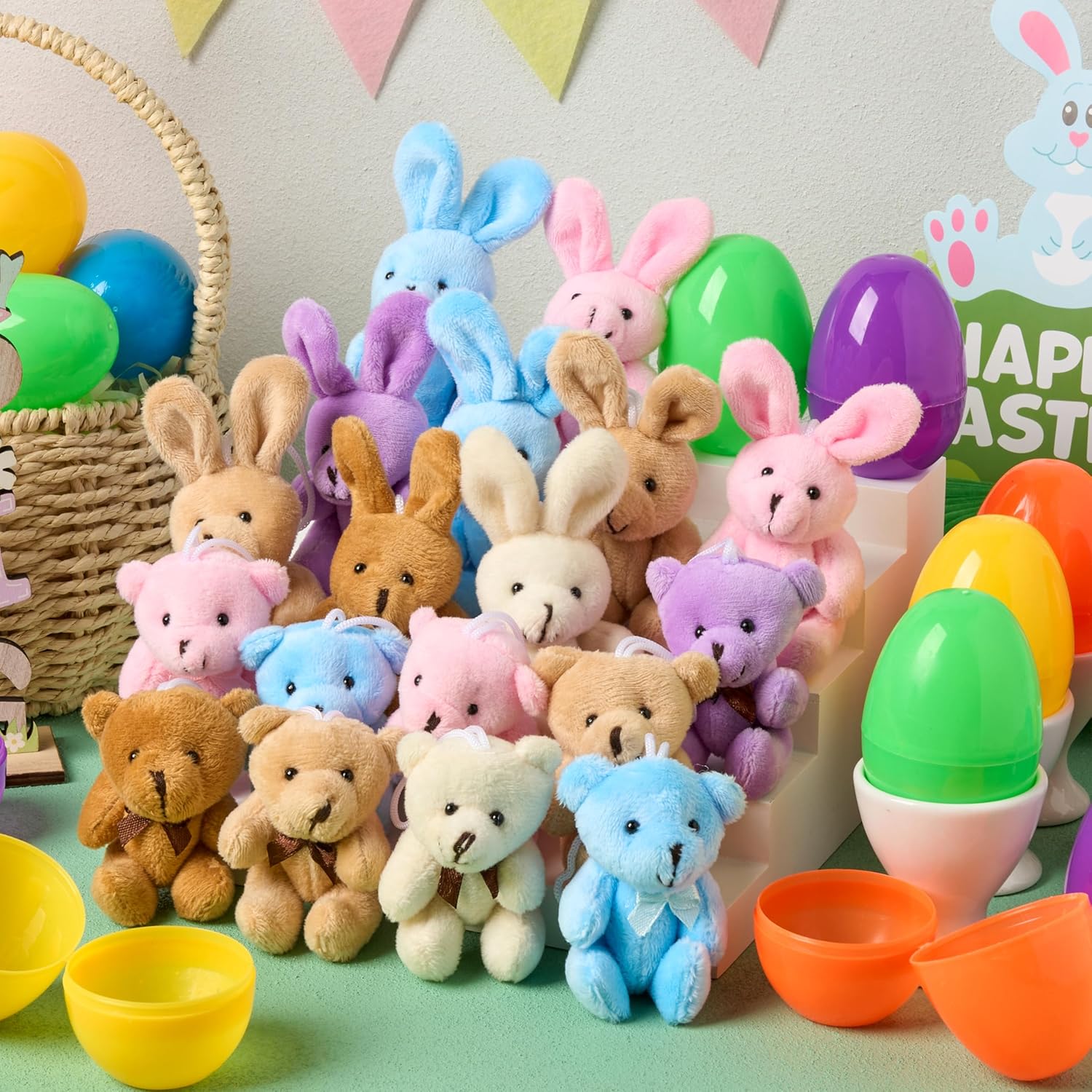 JOYIN 18 Pcs Prefilled Easter Eggs with Plush Animals, Eggs with Plush Bunnies & Bears, Basket Stuffers for Girls, Party Favors for Kids, Classroom Prizes Supplies
