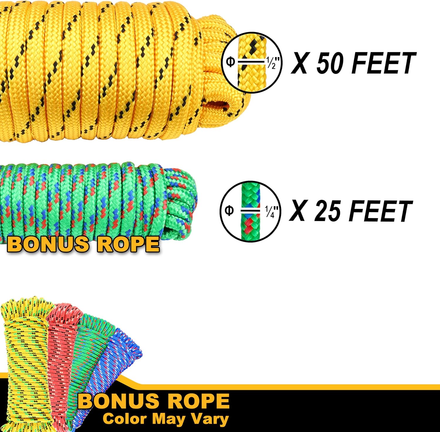 Wellmax Diamond Braid Nylon Rope – 1/2 Inch x 50 FT – Heavy Duty Braided Rope for Docking, Camping, DIY, Crafts & Outdoor Utility – Weather Resistant - Yellow