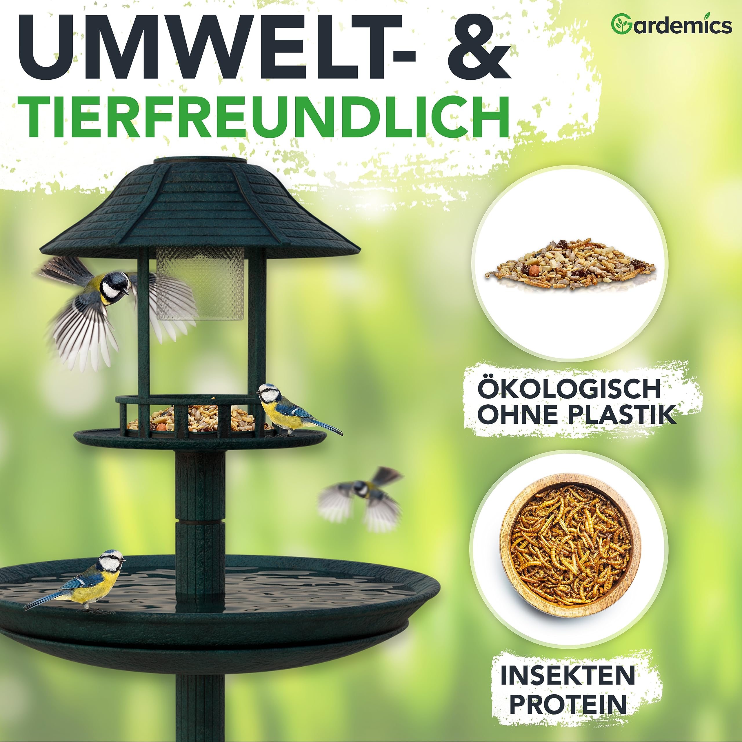 Gardemics Vogelfutter Wildvögel ganzjährig 10 Kg - Mit Mehlwürmern - Premium Protein Wildvogelfutter Ganzjahresfutter für Artenvielfalt im Garten