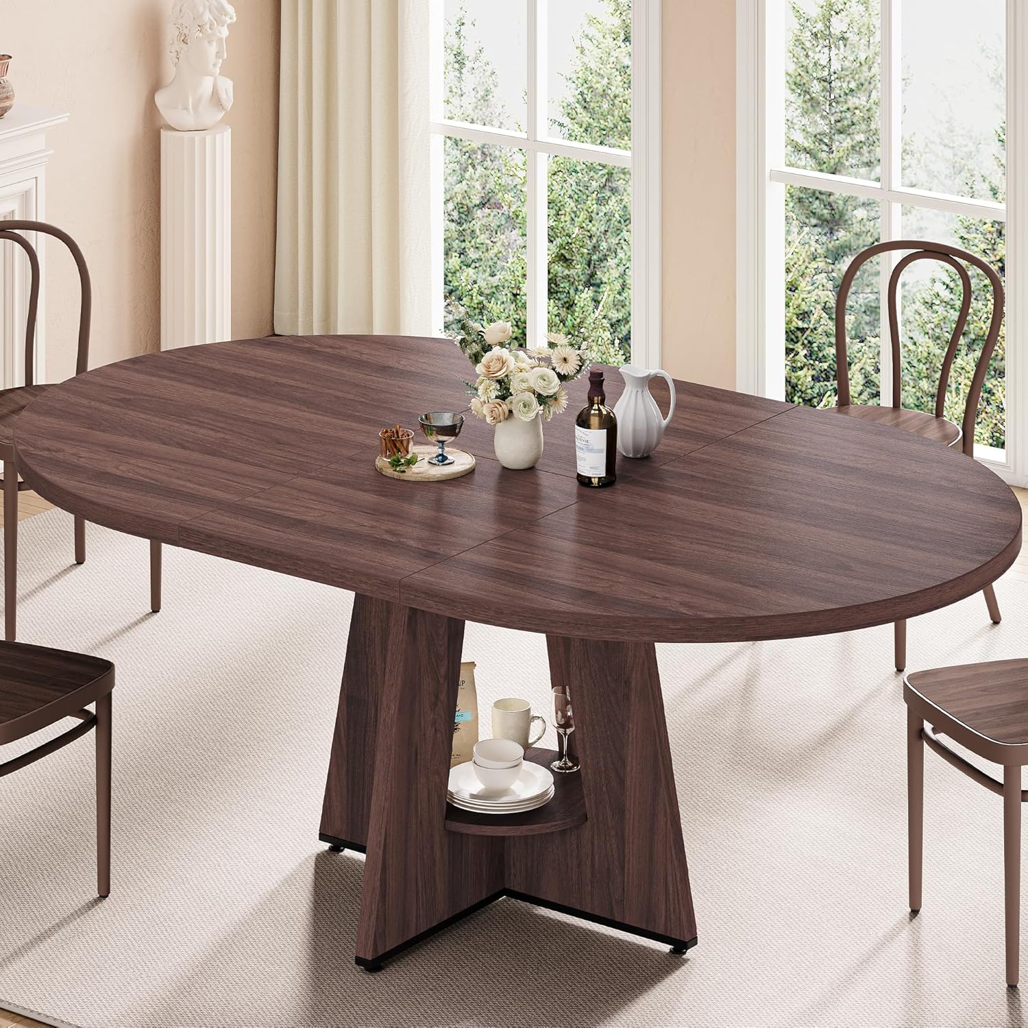 43''–59'' Extendable Dining Table, Round Kitchen Dining Room Dinner Table with for 4 6 8 People, Space Saving Modern Oval Expandale Furniture with Storage and Pedestal for Kitchen Living Room (Brown)