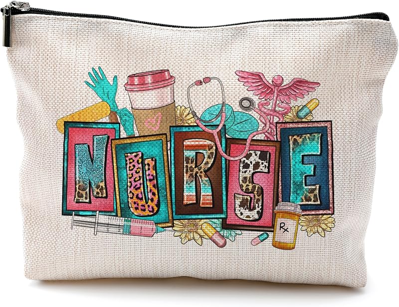Necessaire de maquiagem QGFM com zíper, estampa de enfermagem, J Style-nurse-white