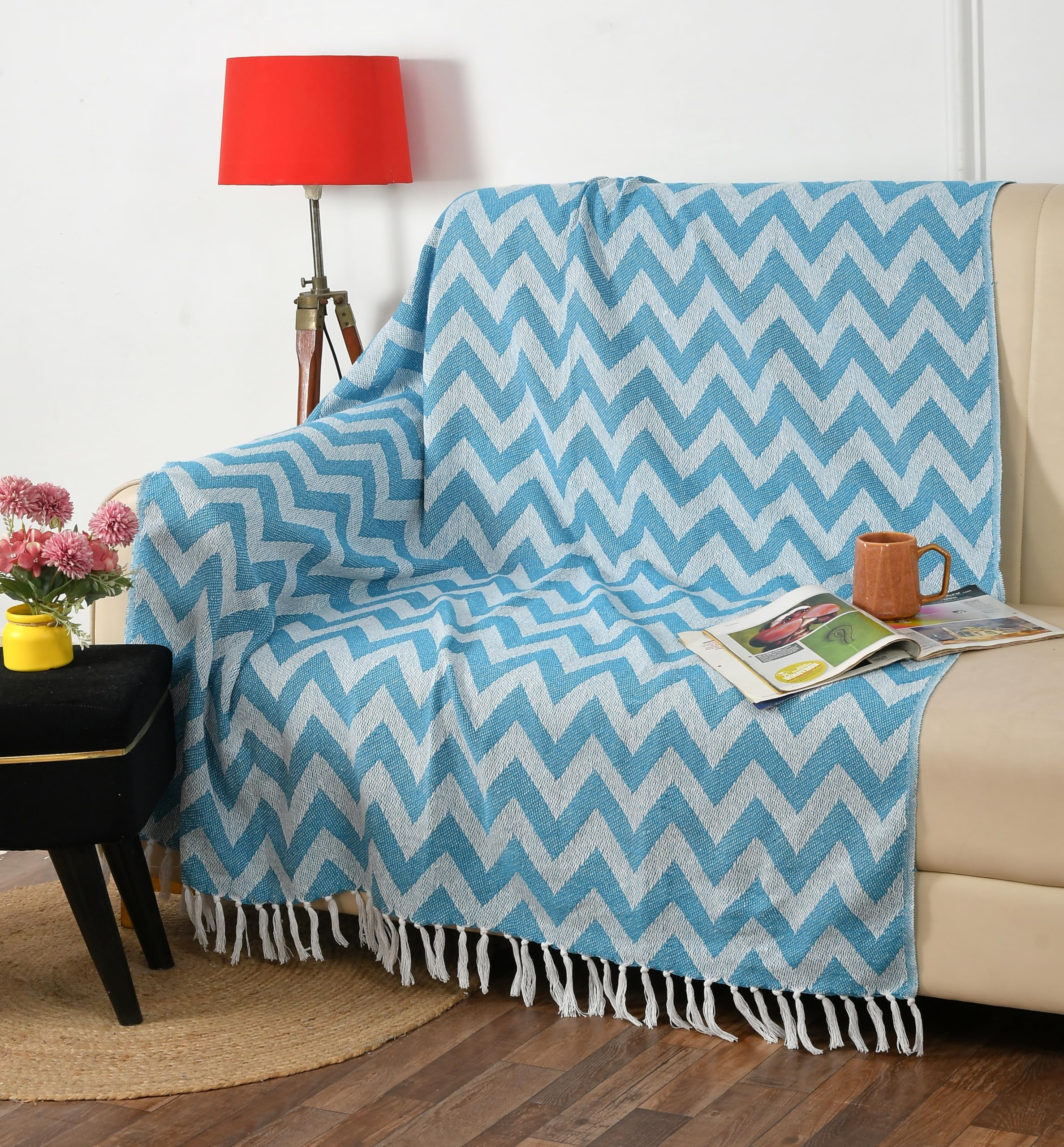 Cotton Handloom Throw Blanket – Blue & White Natural Cotton Sofa & Bed Throw, Lightweight Decorative Throw, 130 x 170 cm-image-2