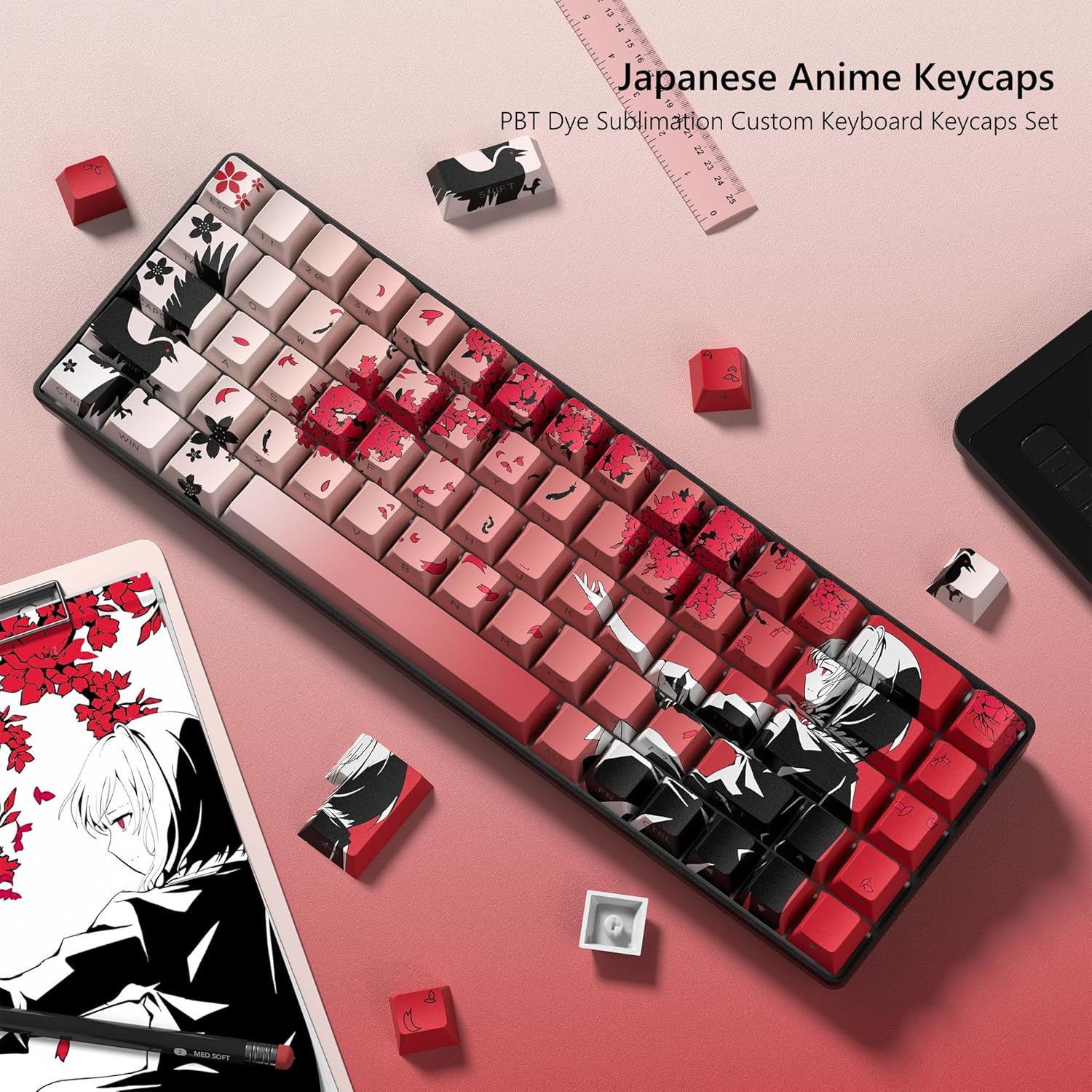 Rainy Japanese Anime Keycaps Shine Throgu Key Caps,Cherry Keycaps 129 Keys PBT Dye Sublimation Custom Keycaps Set for Mechanical Keyboard 61/64/75/84/87/104/108 Layout with Key Puller (Red)