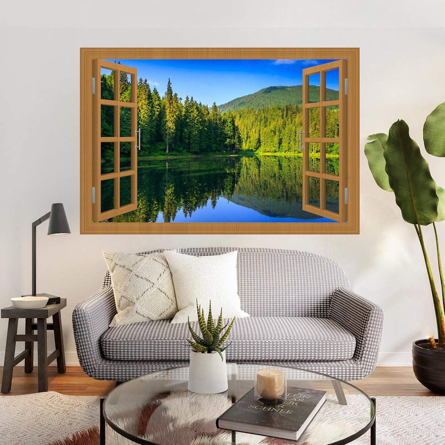 Fake Window for Walls Faux Window Decal Windows Poster Picture Open Window Wall Art Decor, Stick and Peel Wallpaper Nature Wall Decol Forest Lake Scene Mural, 48"x72"