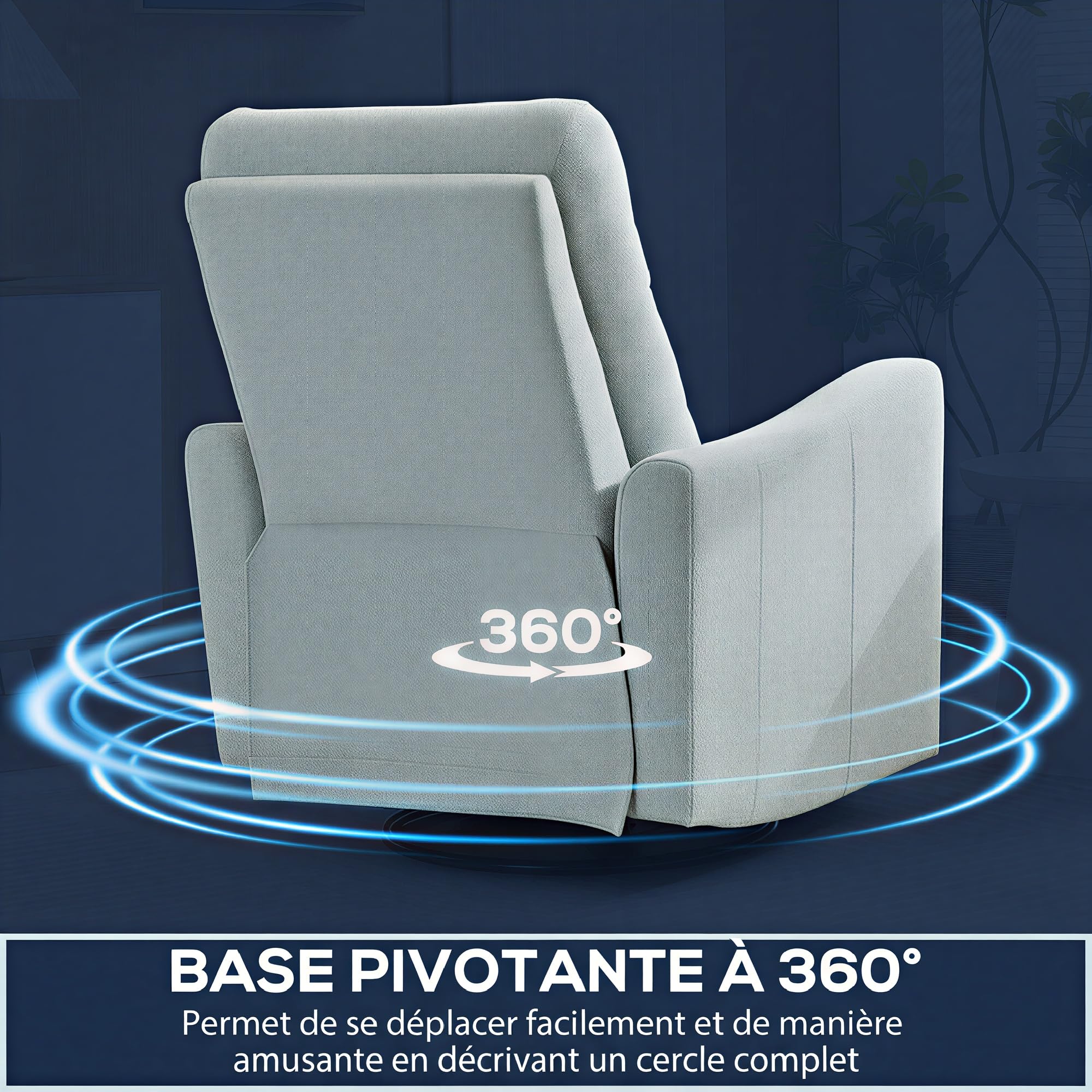 HOMCOM Fauteuil inclinable avec Repose-Pieds, Fauteuil de Relaxation pivotant 360°, basculant, Assise Large, Dossier et accoudoirs rembourrés, Tissu en Lin pour Salon, Bureau, Home cinéma, Gris-Bleu