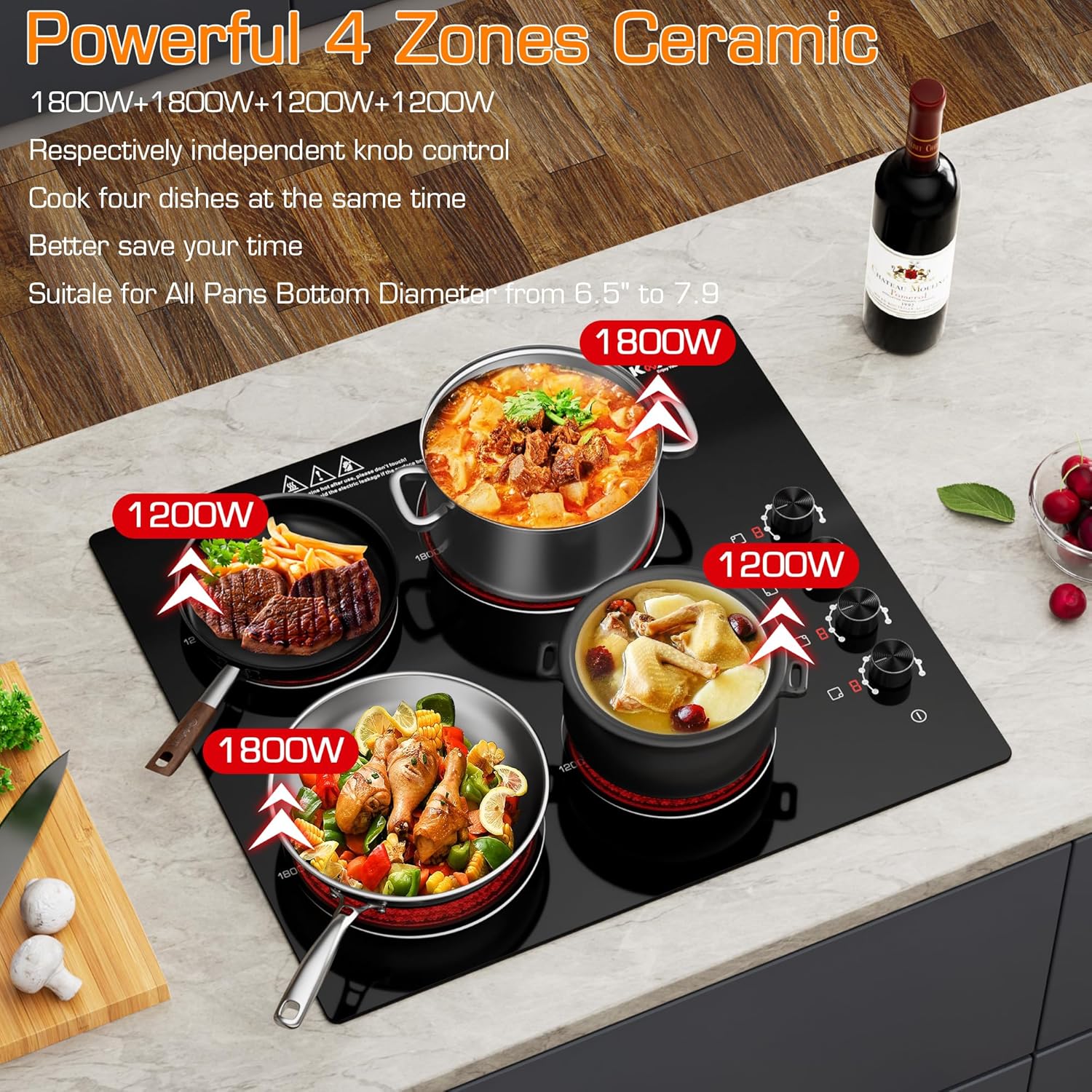 24 Inch Electric Cooktop 4 Burners, 6000W Ceramic Stove Top with Knob Control, 220V-240V Hardwired Built-in Radiant Cooktop, 8 Power Levels, Residual Heat Indicator, Black Glass (No Plug)