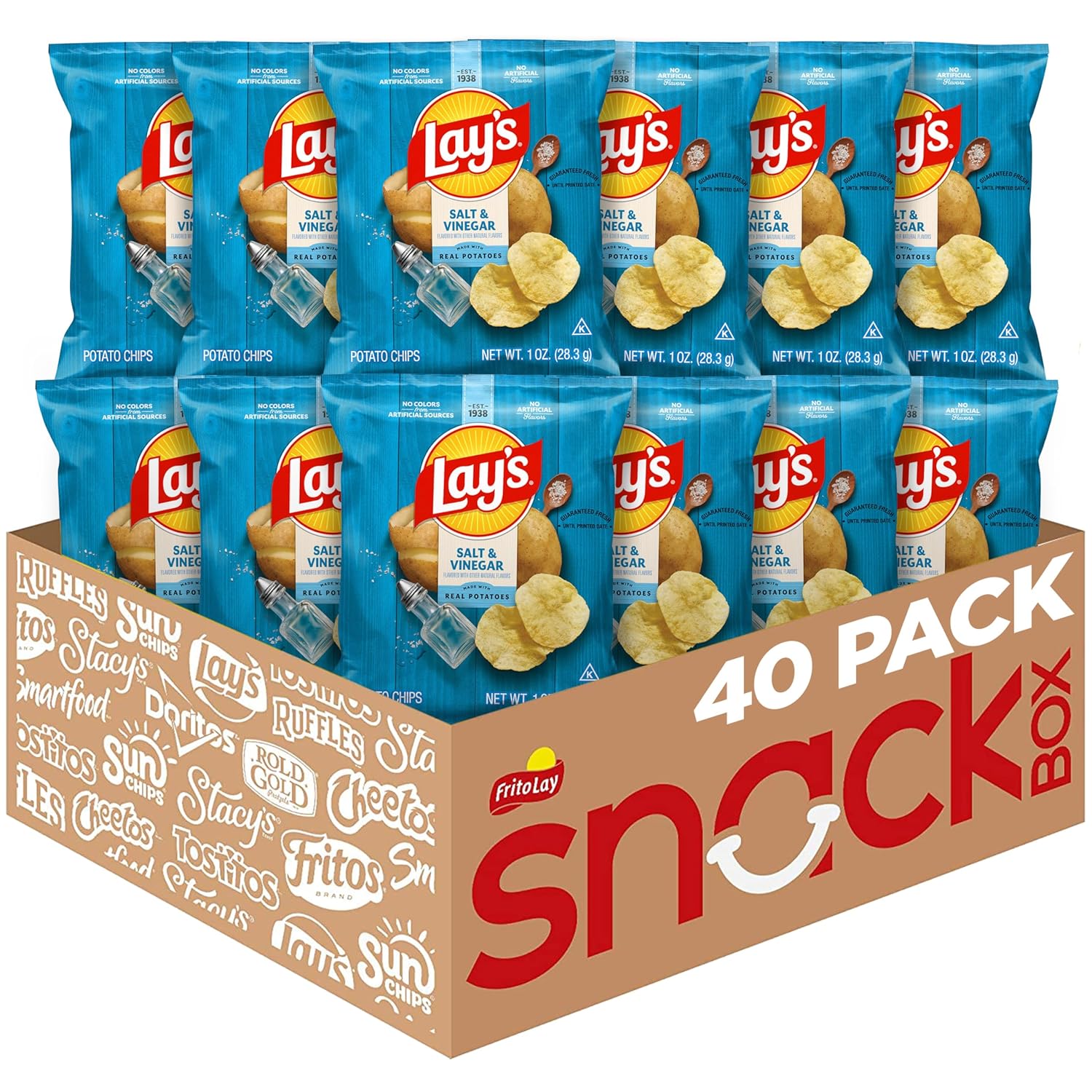 Lay's Salt & Vinegar Potato Chips, 40 Pack 1oz Bags - Tangy Crispy Snack for Family & On-the-Go