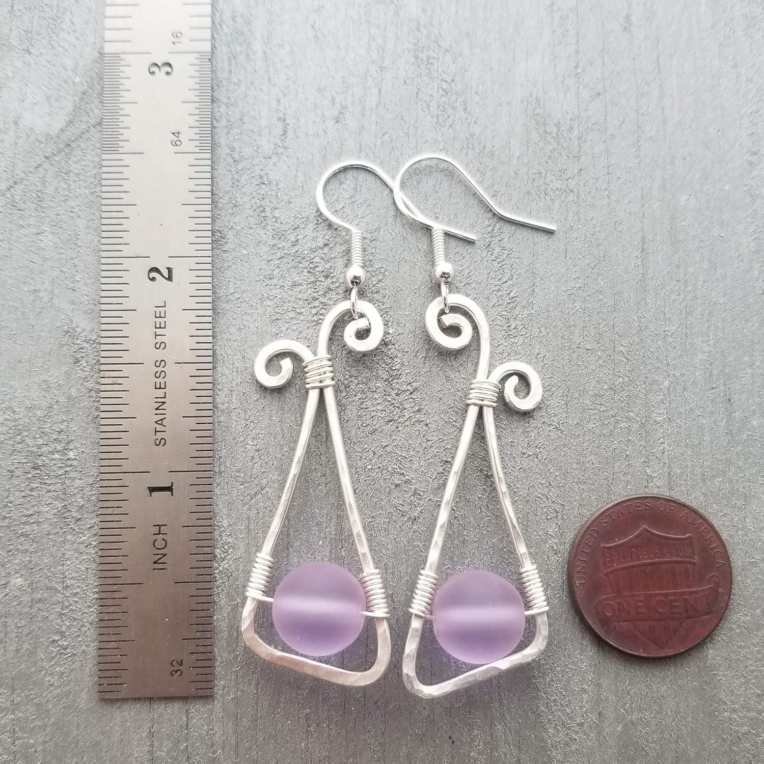 Handmade Sea Glass Earrings, Hawaiian Jewelry for Women, Hammered Wire Loop Magical Color Changing Purple Earrings, Sea Glass Jewelry, Birthday Gift For Her (February Birthstone Jewlery)