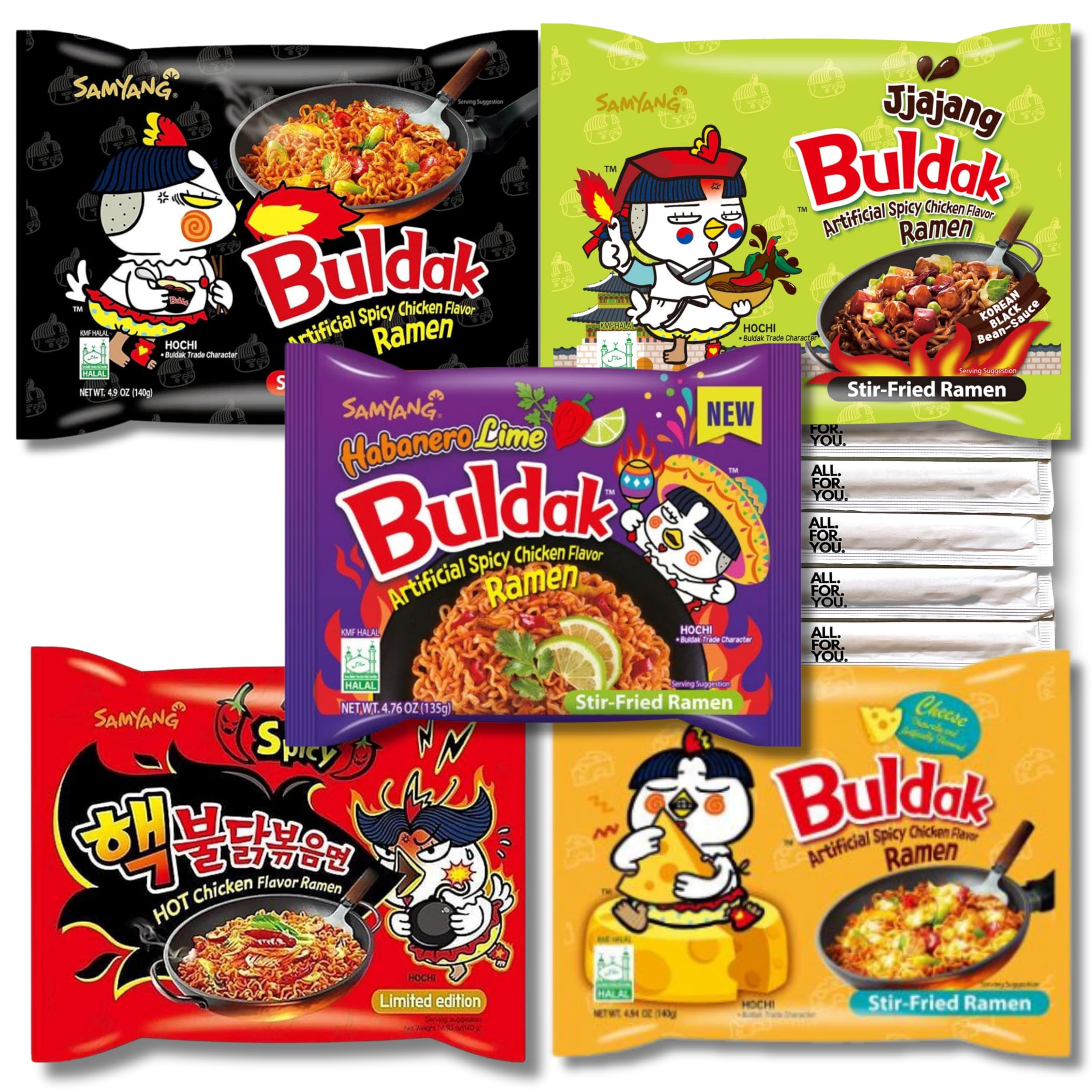 Buldak Ramen Noodles 5 Flavor Variety Combo - Total 5 pack (1 Pack ea) - Original, 2x Spicy, Cheese, Jjajang and Habanero Lime - Spicy Ramen Noodles Samyang Buldak Ramen Korean Spicy Hot Chicken Stir-Fried Noodles Bundle with 5 ALL.FOR.YOU. Branded Chopsticks