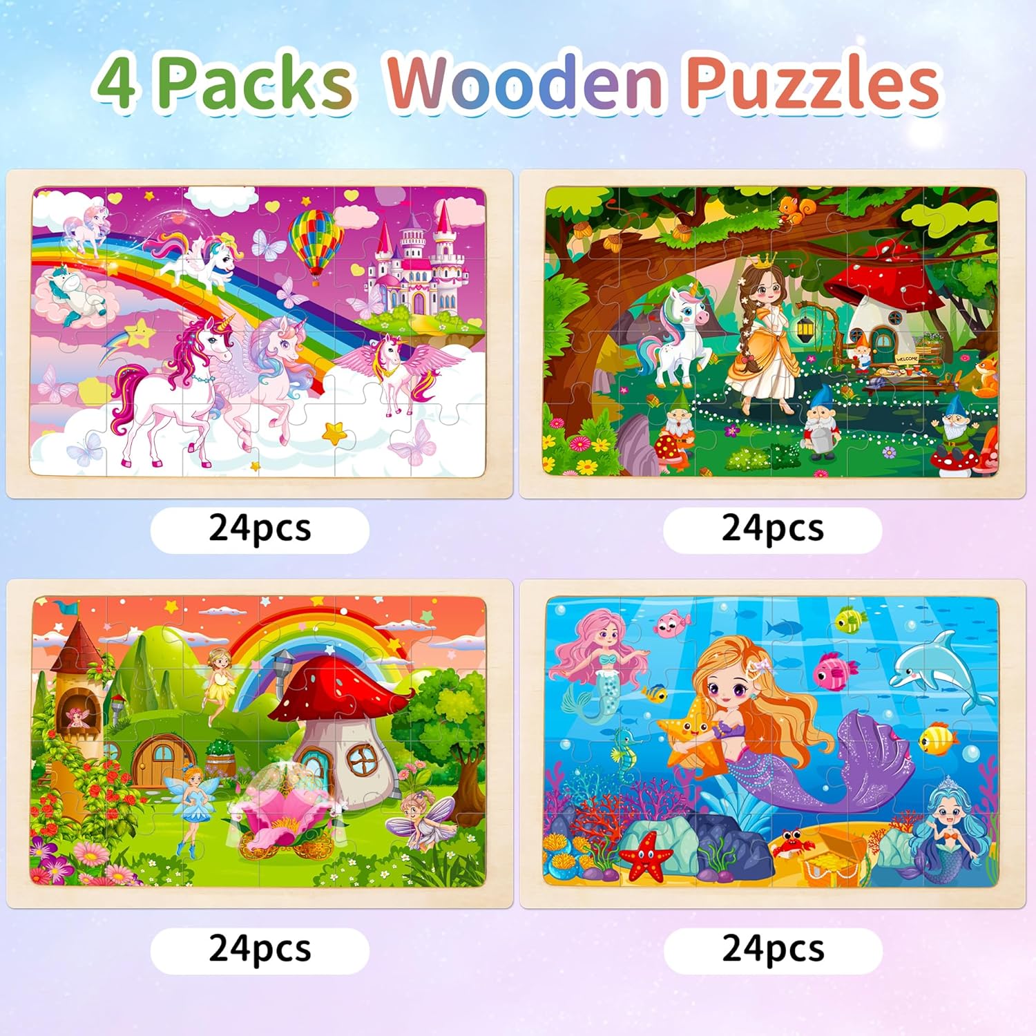 Wooden Puzzles for Kids Ages 4-6,Unicorn Princess Mermaid Fairy Kid Puzzles,24pcs Puzzles for Kids Ages 3-5,4 Pack Preschool Educational Toys Gifts for 3 4 5 Year Old Toddler Girls Boys Jigsaw Puzzle