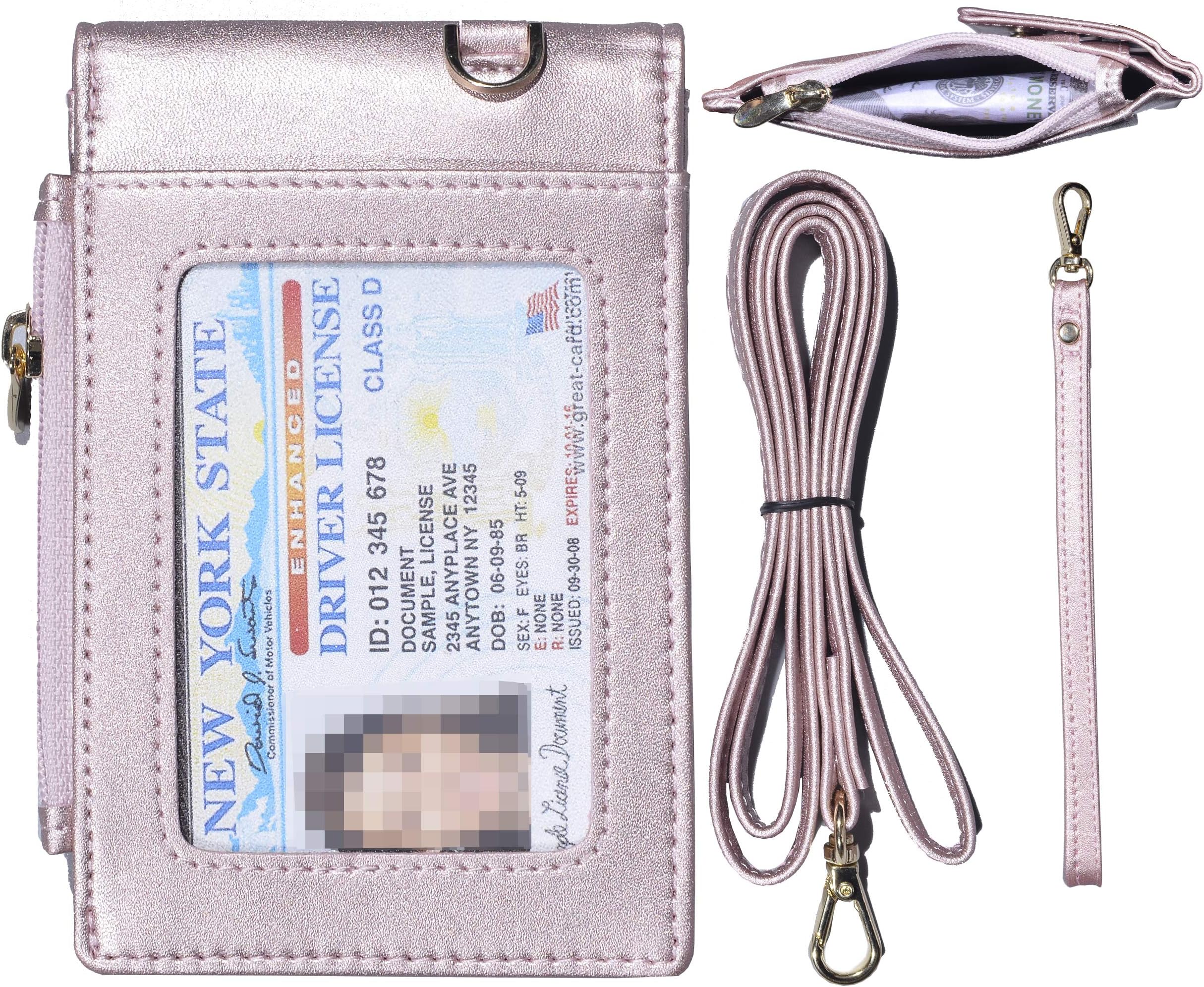 Beurlike Leather 2-Sided ID Badge Holder Wallet with 1 ID Window, 3 Card Slots with Cover, 1 Side Zipper Coin Pocket, 1 Piece 16.9" Neck Lanyard and 1 Piece 6.3" Hand Wristlet (Rose Gold)