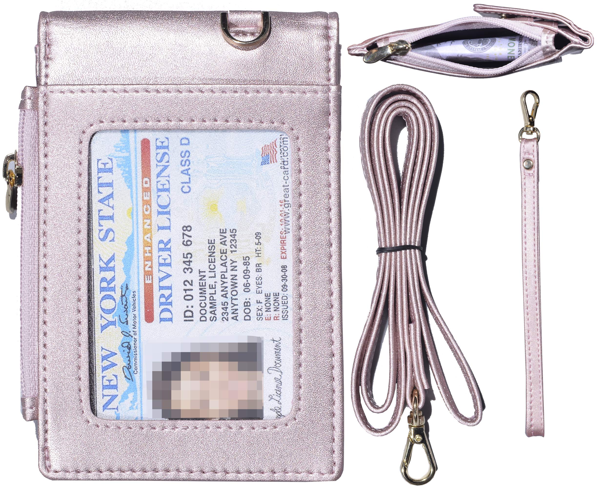 Beurlike Leather 2-Sided ID Badge Holder Wallet with 1 ID Window, 3 Card Slots with Cover, 1 Side Zipper Coin Pocket, 1 Piece 16.9" Neck Lanyard and 1 Piece 6.3" Hand Wristlet (Rose Gold)