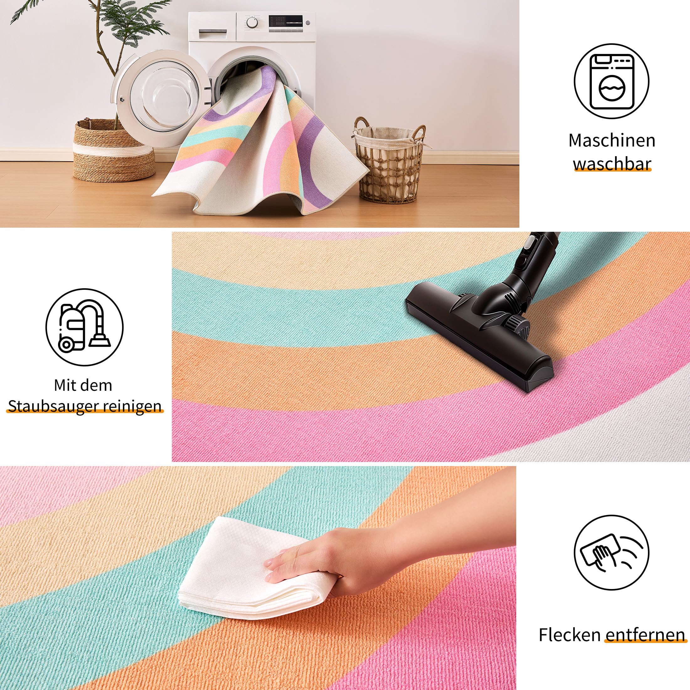 Sonive Rosa Regenbogen Teppich Kinderteppich für Junge Mädchen 120x170cm | Rutschfeste Krabbelmatte für Wohnzimmer, Schlafzimmer, Kinderzimmer