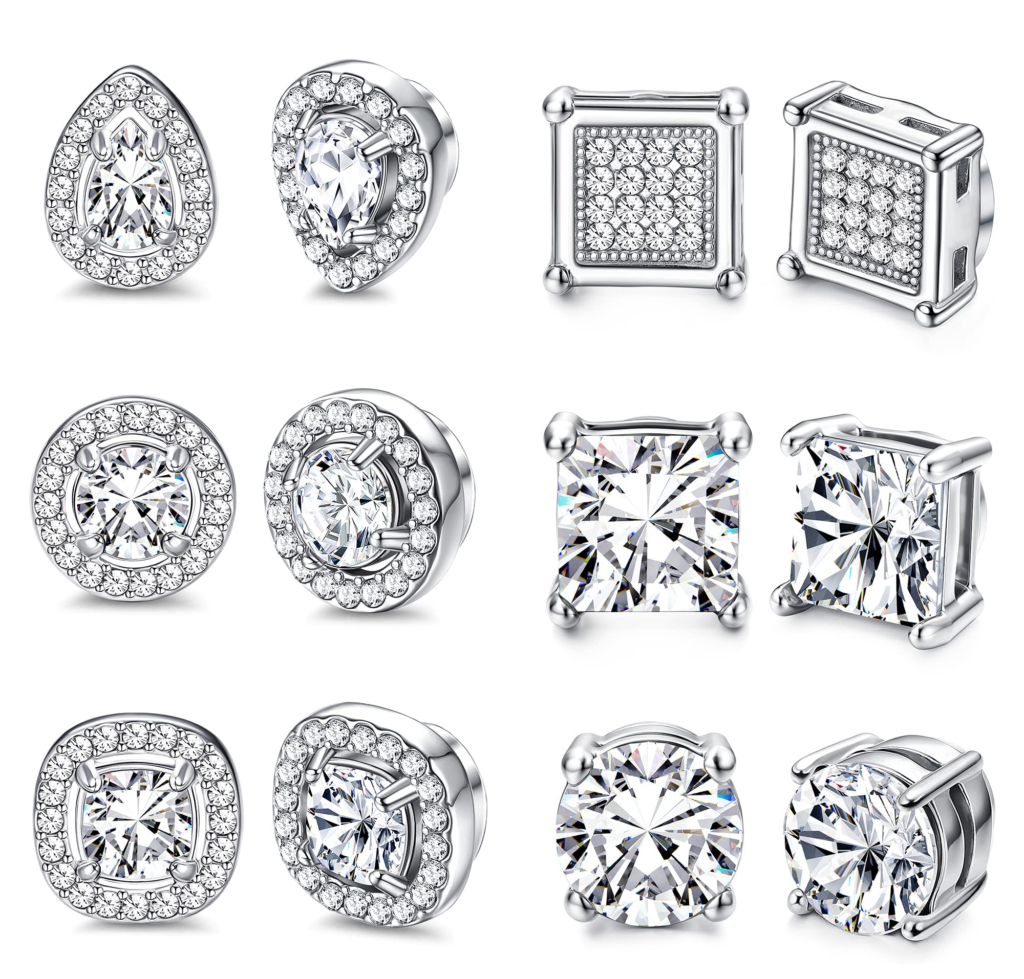 LOLIAS 6 Pares Pendientes Magnéticos para Mujer Hombre Diamante Acero Inoxidable Zirconia Cubica Aretes Cuadrado Redondo CZ Joyas Non Piercing Hipoalergénica Conjunto Pendientes Iman Falsos Regalo