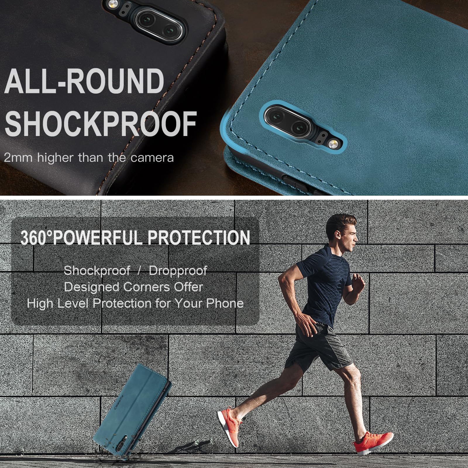 for Huawei P20 Case, Wallet Case Flip Leather with Card Holder Magnetic Closure Shockproof Kickstand Protective Phone Cases Cover for Huawei P20,Blue-Green — view 7