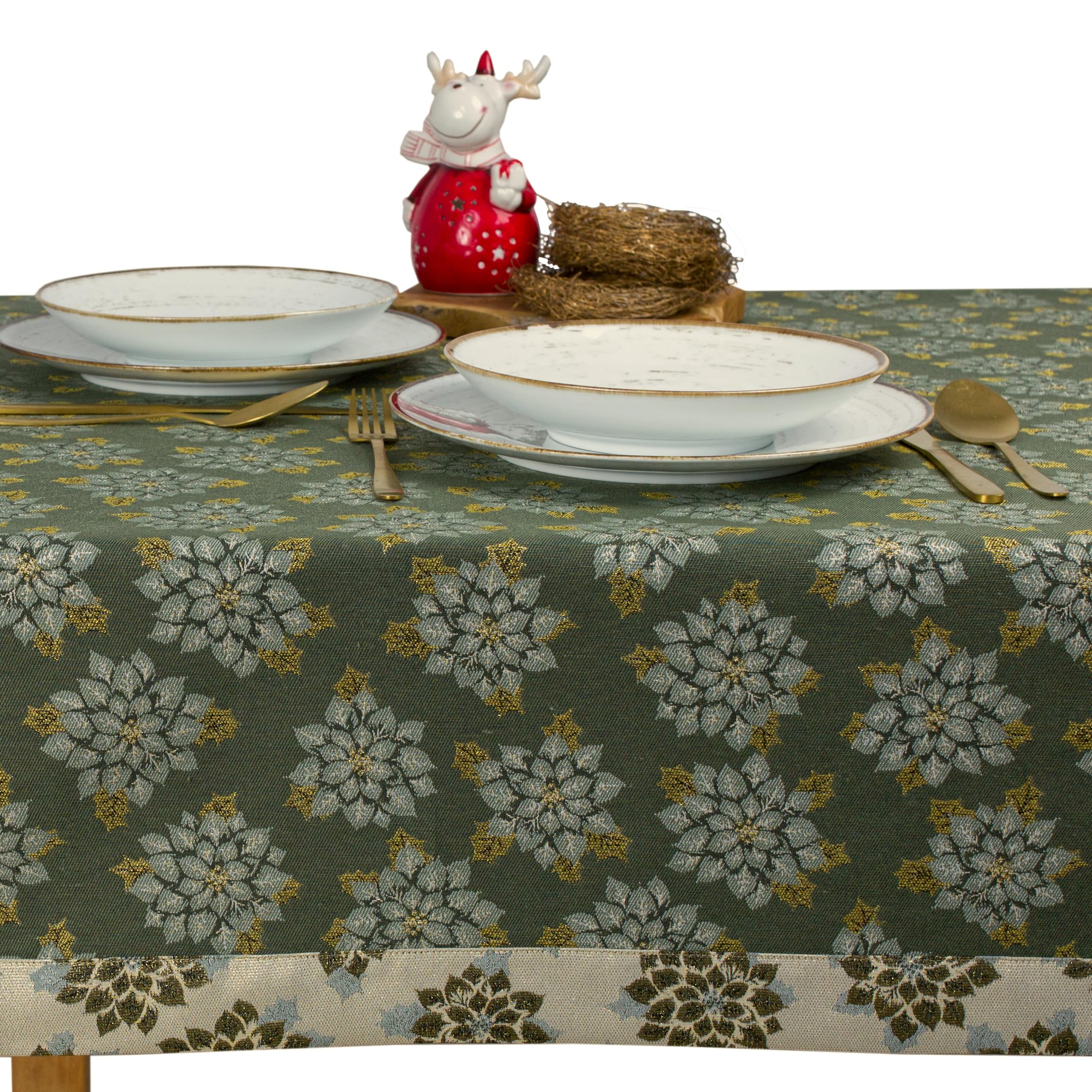 Weihnachts-Tischdecke für Weihnachten, Baumwoll-Polyester mit Motiv Poinsettia, genäht mit Manschette für 5 cm, Grün Elegance Naldo 3786 (150x250 cm)