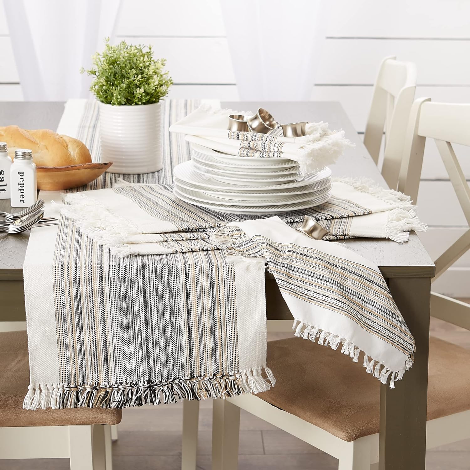 DII Everyday Collection Fringed Stripe Tabletop, Table Runner, 14x108, Black