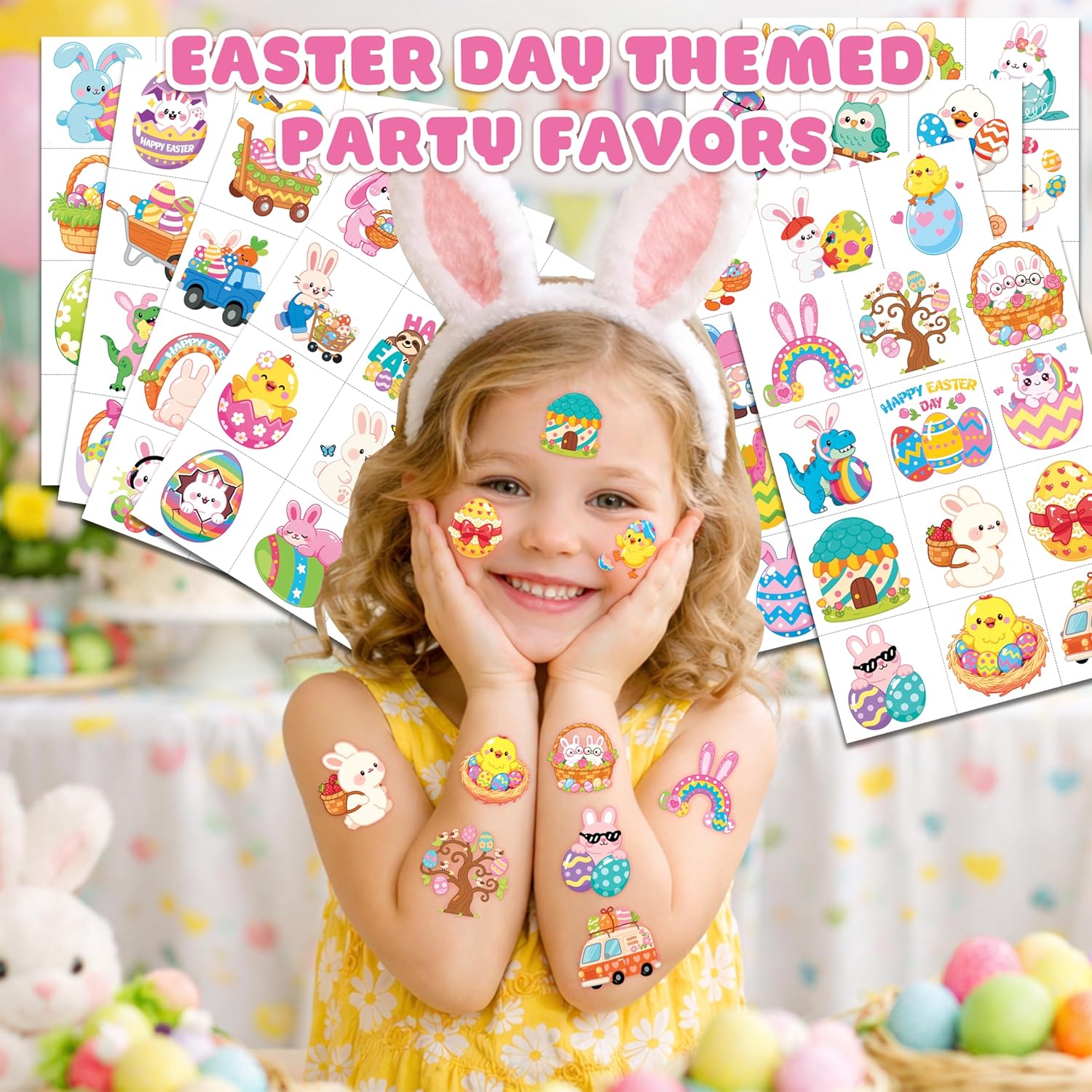 96 PCS Spring Easter Eggs Bunny Chicks Pre-Cut Temporary Tattoos for Kids | Super Cute Themed Birthday Party Favors, Supplies, Decorations, Fake Tattoo Stickers (Multiple)