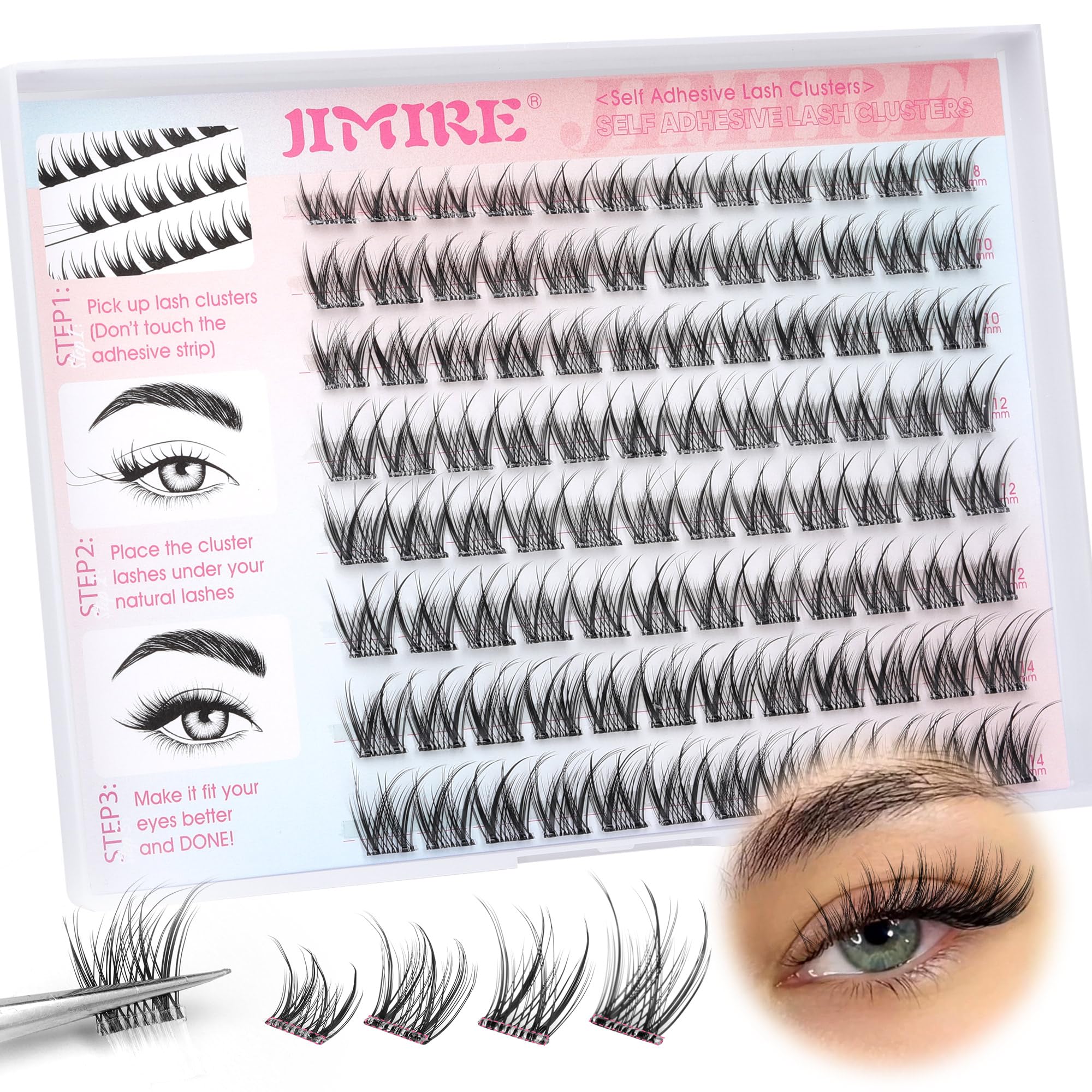 JIMIRESelf Adhesive Individual Eyelashes Wispy Lash Clusters D Curl Pre Glued Eyelashes Clusters 8-14MM Natural Press on Cluster Lashes Easy to Apply Self Adhesive Lash Clusters No Glue Needed