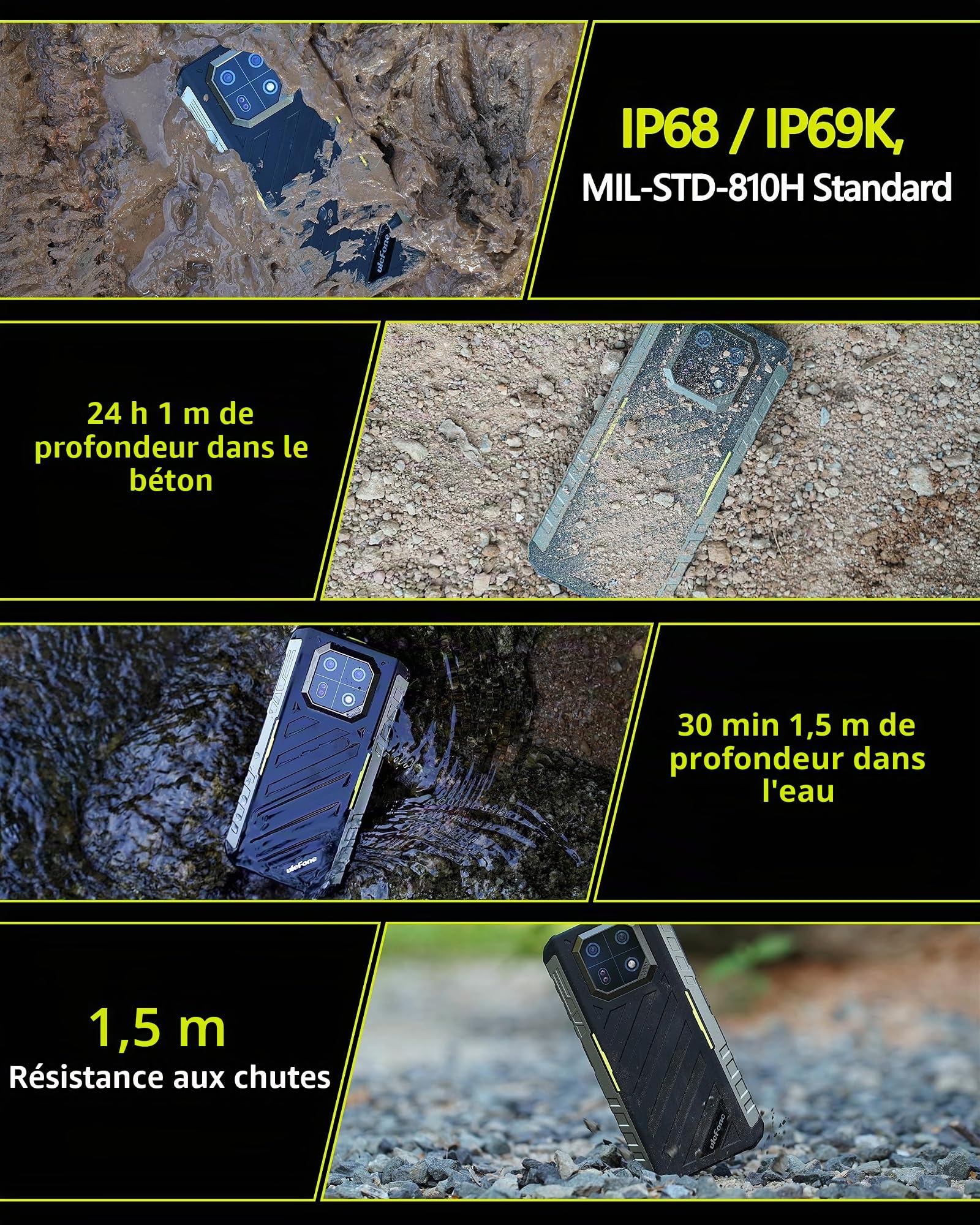 Ulefone Armor 22 Smartphone Incassable Android 15, 16Go RAM+128Go ROM/512Go TF, Écran 6.58" FHD+ 120Hz, Caméra Nocturne 64MP, Batterie 6600mAh 33W, 4G Dual SIM/NFC/IP69K Téléphone Étanche Vert