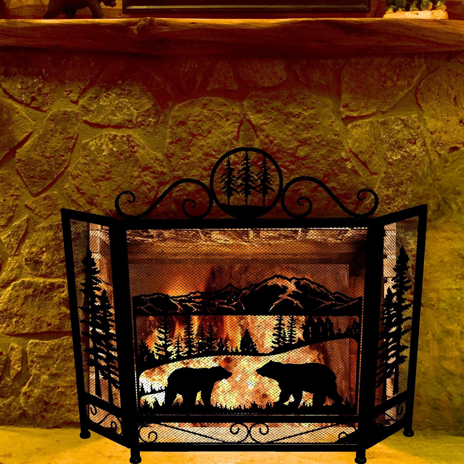 BestGiftEver 3-Panel Fireplace Screen Decorative with Mama Bear and Cub Strolling in The Meadow - Stand Alone Fireplace Cover Metal Mesh Screen - Home Decorative Firescreen for Cabin Wildlife Theme