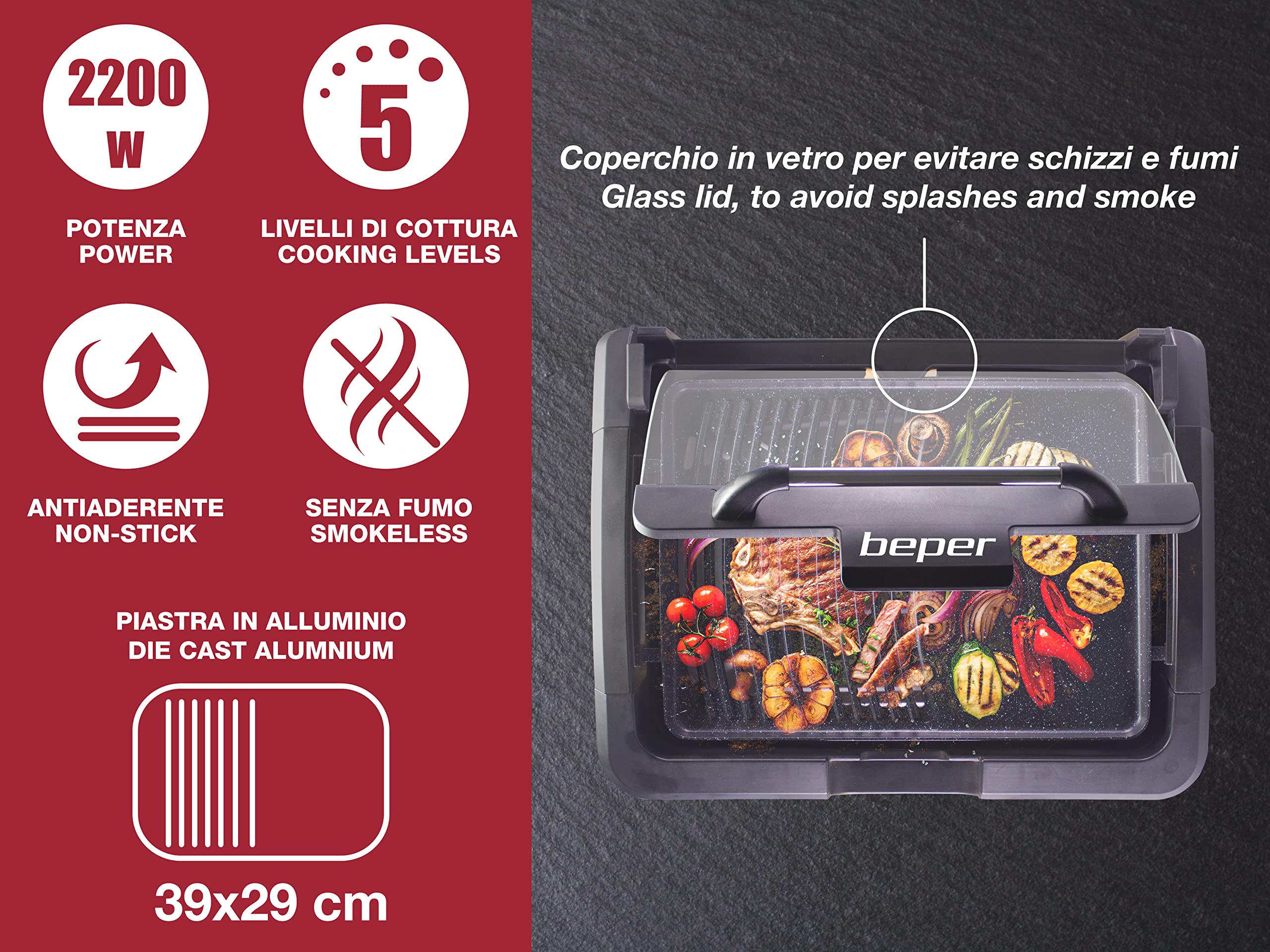 BEPER 90.871 Barbecue Electrique avec Couvercle - Grille Barbecue, Antiadhésives Amovibles des Grills, 2200 W