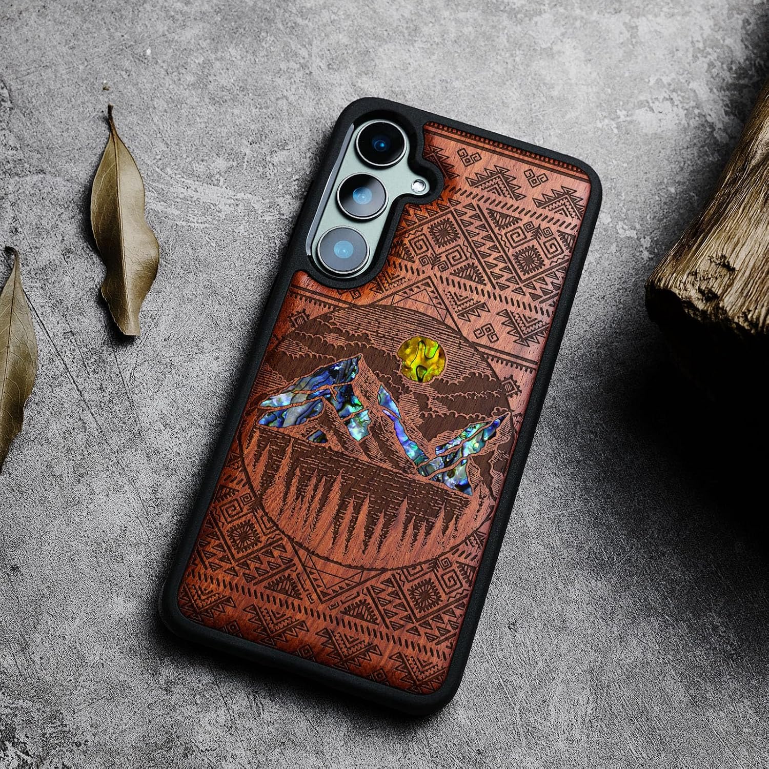 Carveit Designer Wooden Case for Samsung Galaxy S23 FE Cover [Wood Engraving & Shell Inlay] Compatible with Wireless Chargers S23 FE Case (Aztec Alpine Lakes-Rosy)